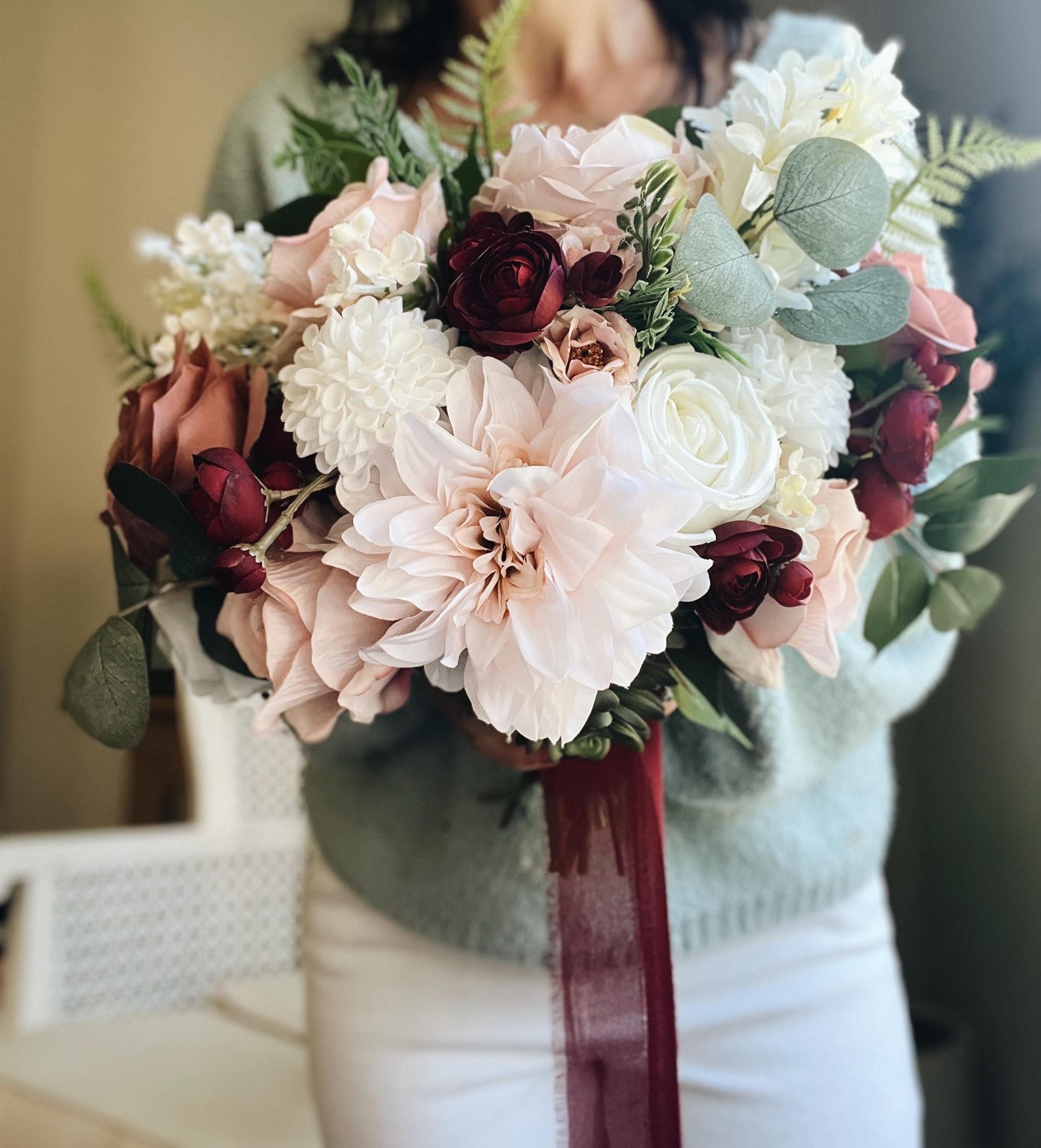 Romantic Blooms: Garden Blush and Burgundy Bridal Bouquet with Roses, Dahlias, and Succulent Accents English Garden