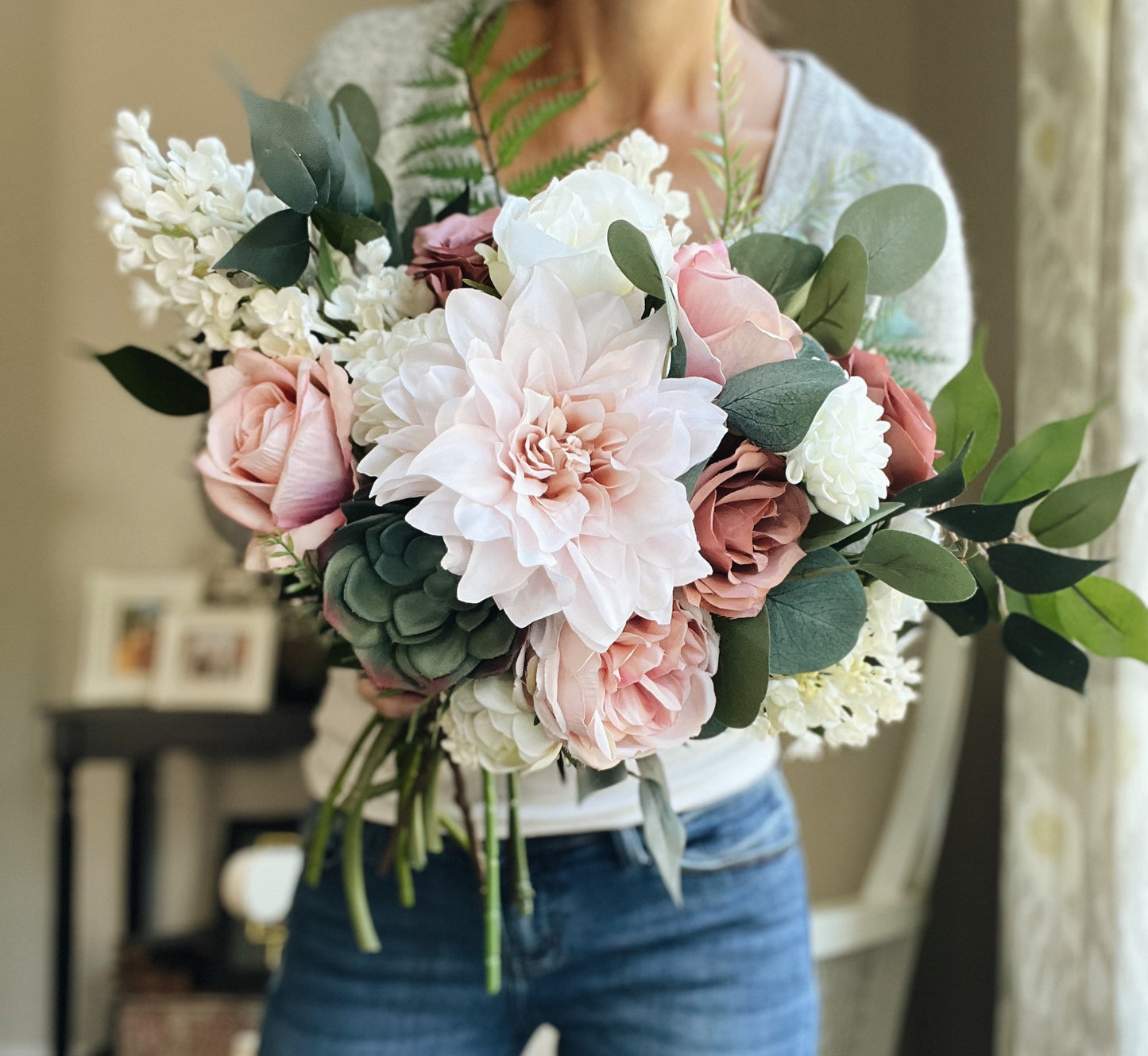 Romantic Blooms: Garden Blush Bridal Bouquet with Roses, Dahlias, and Succulent Accents English Garden