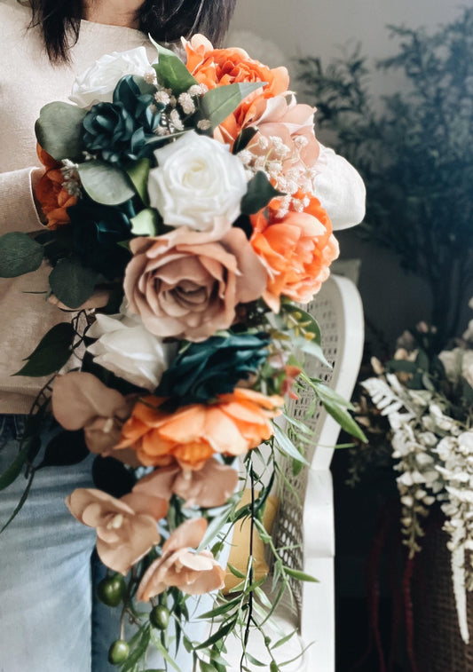 Large Cascade Bridal Bouquet Fall Autumn Summer Terracotta Orange Rust Sage Emerald Green Blush Garden