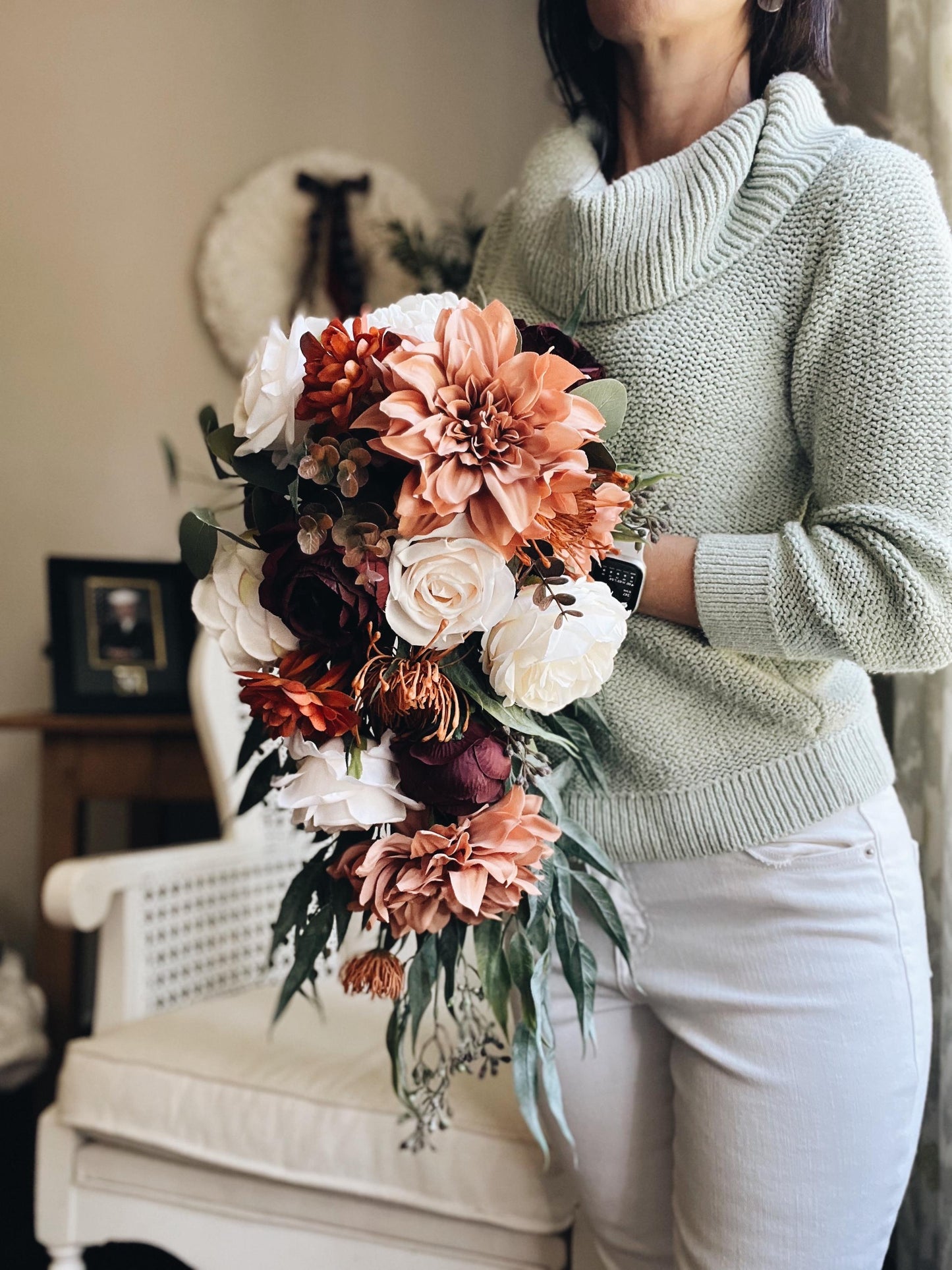 Cascade Bridal Bouquet perfect for Fall Autumn Summer Terracotta Dahlia Peony Rust Sage Burgundy Garden