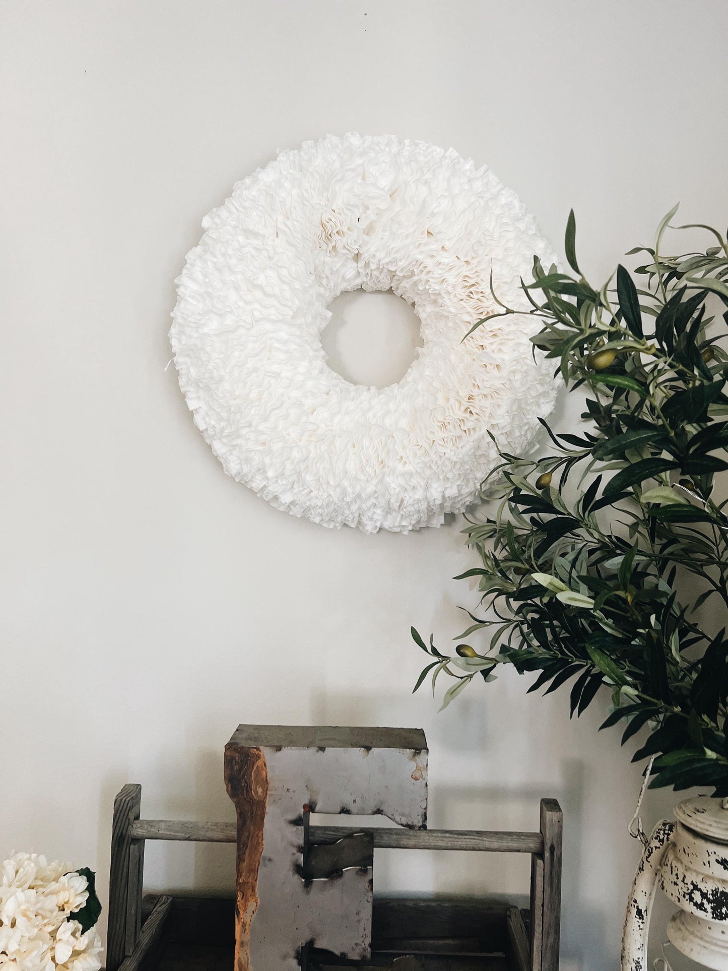 Elegant Large White Coffee Filter Wreath- Plain Add Ribbon Bundle