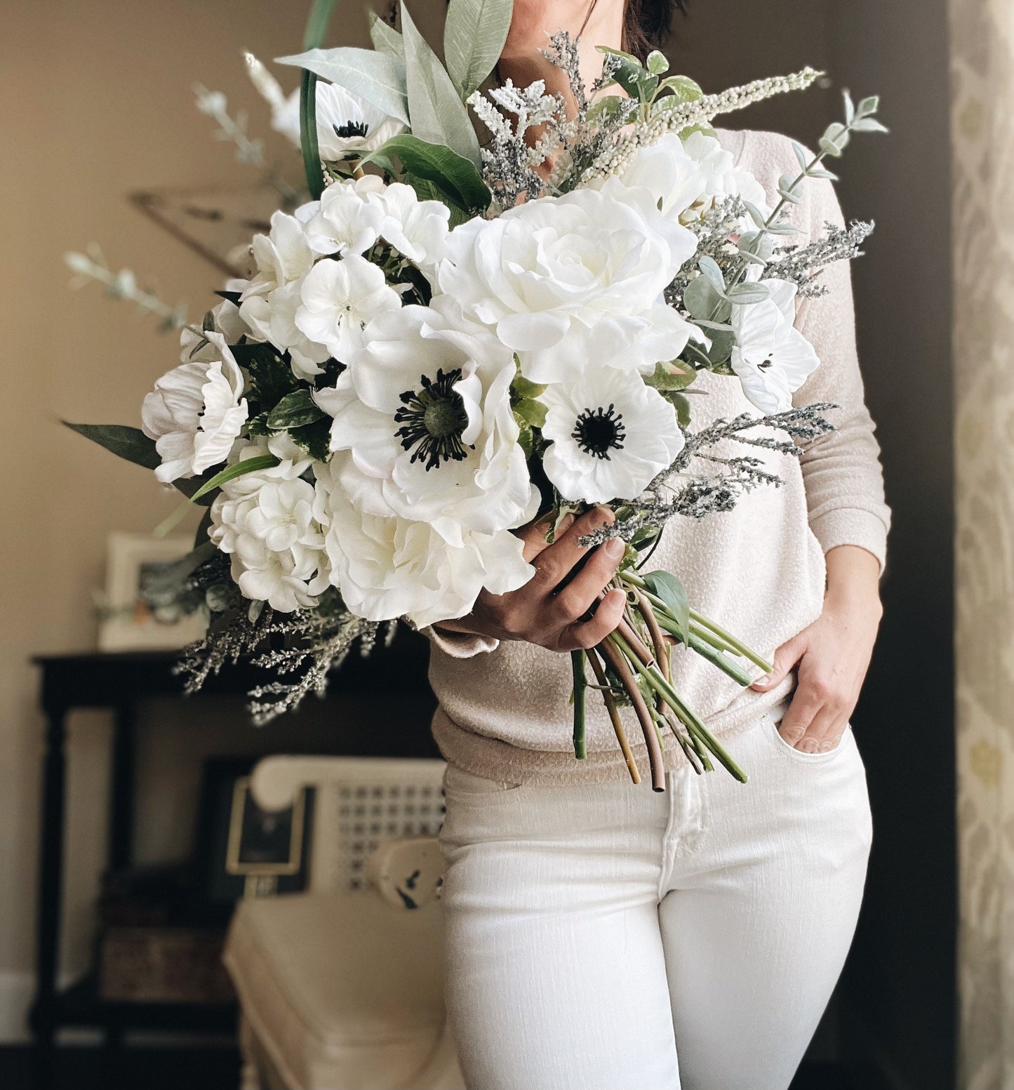 Elegant Classic Anemone Hydrangea Rose Bridal Bouquet - Garden-inspired Wedding Flowers White Cream