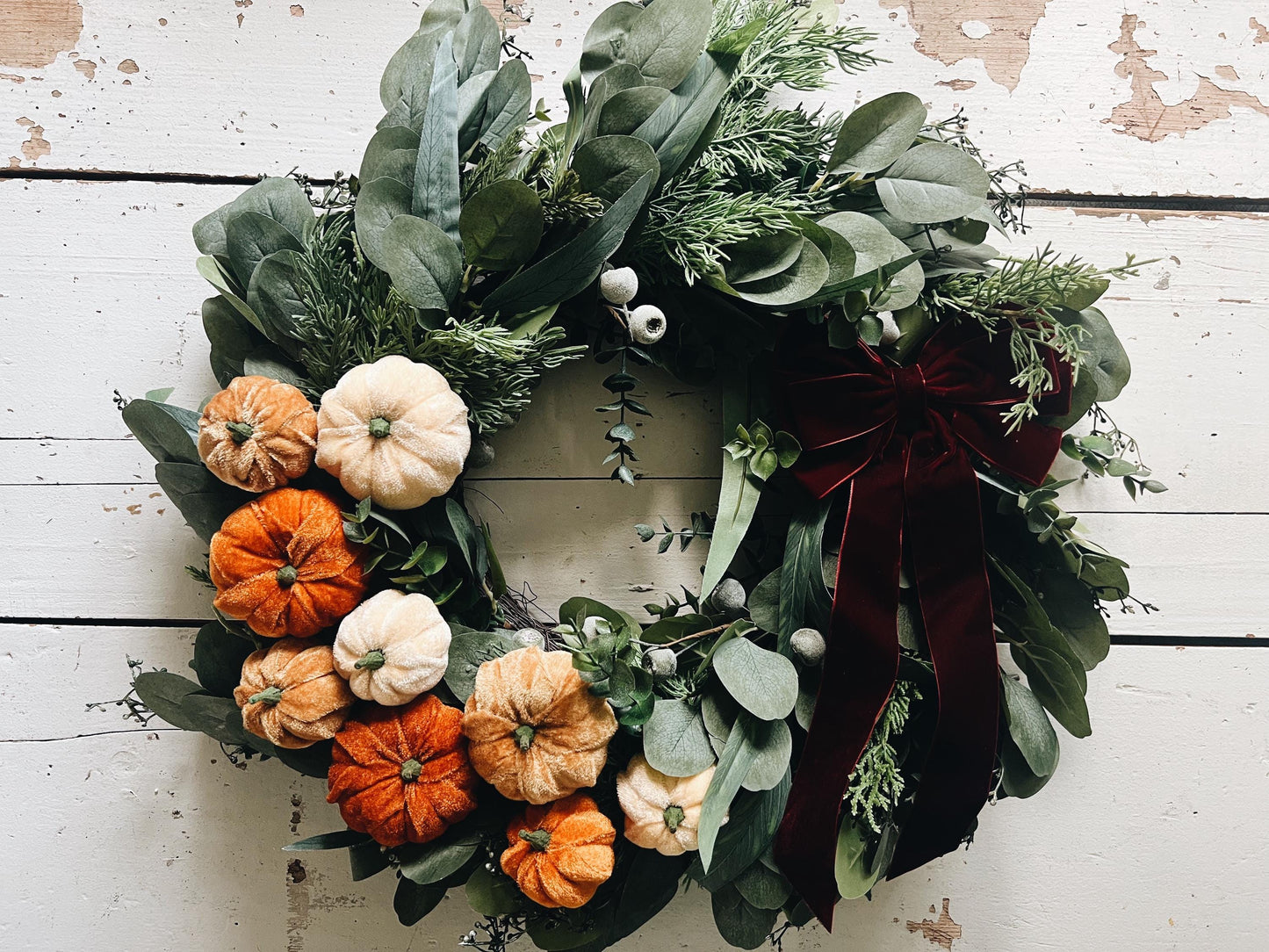 Luxe 24” Artificial Pumpkin Wreath - Fall Harvest Decor with Velvet Bow