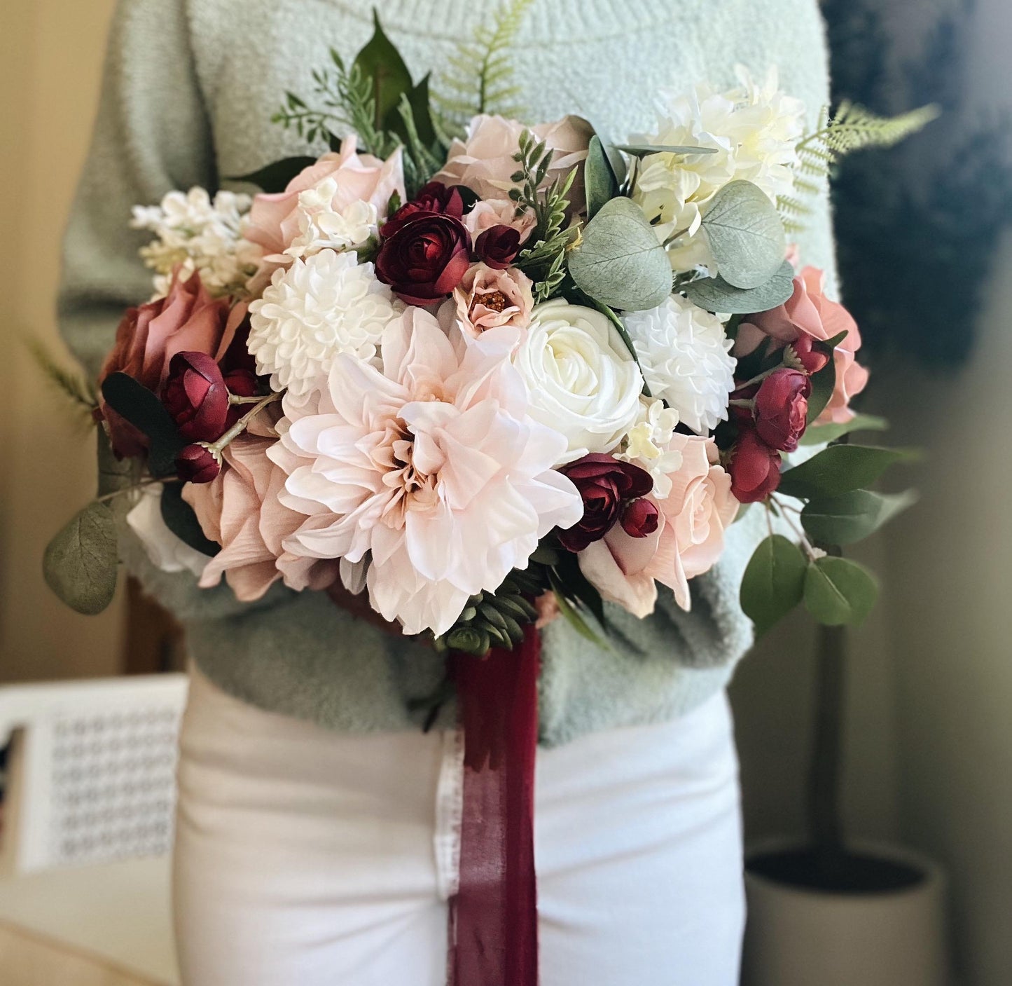 Romantic Blooms: Garden Blush and Burgundy Bridal Bouquet with Roses, Dahlias, and Succulent Accents English Garden