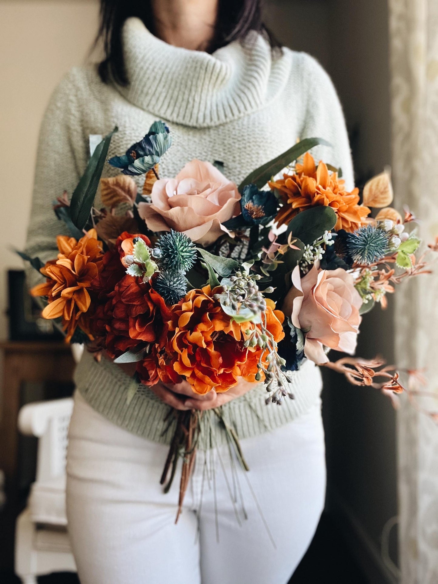 English Bridal Bouquet Fall Autumn Summer Terracotta Orange Rust Sage Garden Tuquoise