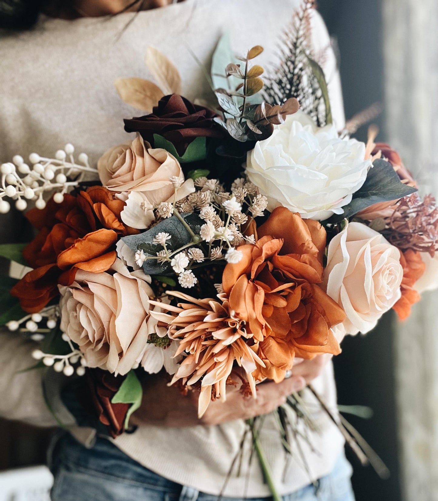 Elegant Autumn Bouquet - Rustic Peach, Cream Garden Roses, Rust Orange Garden Flowers Fall Wedding