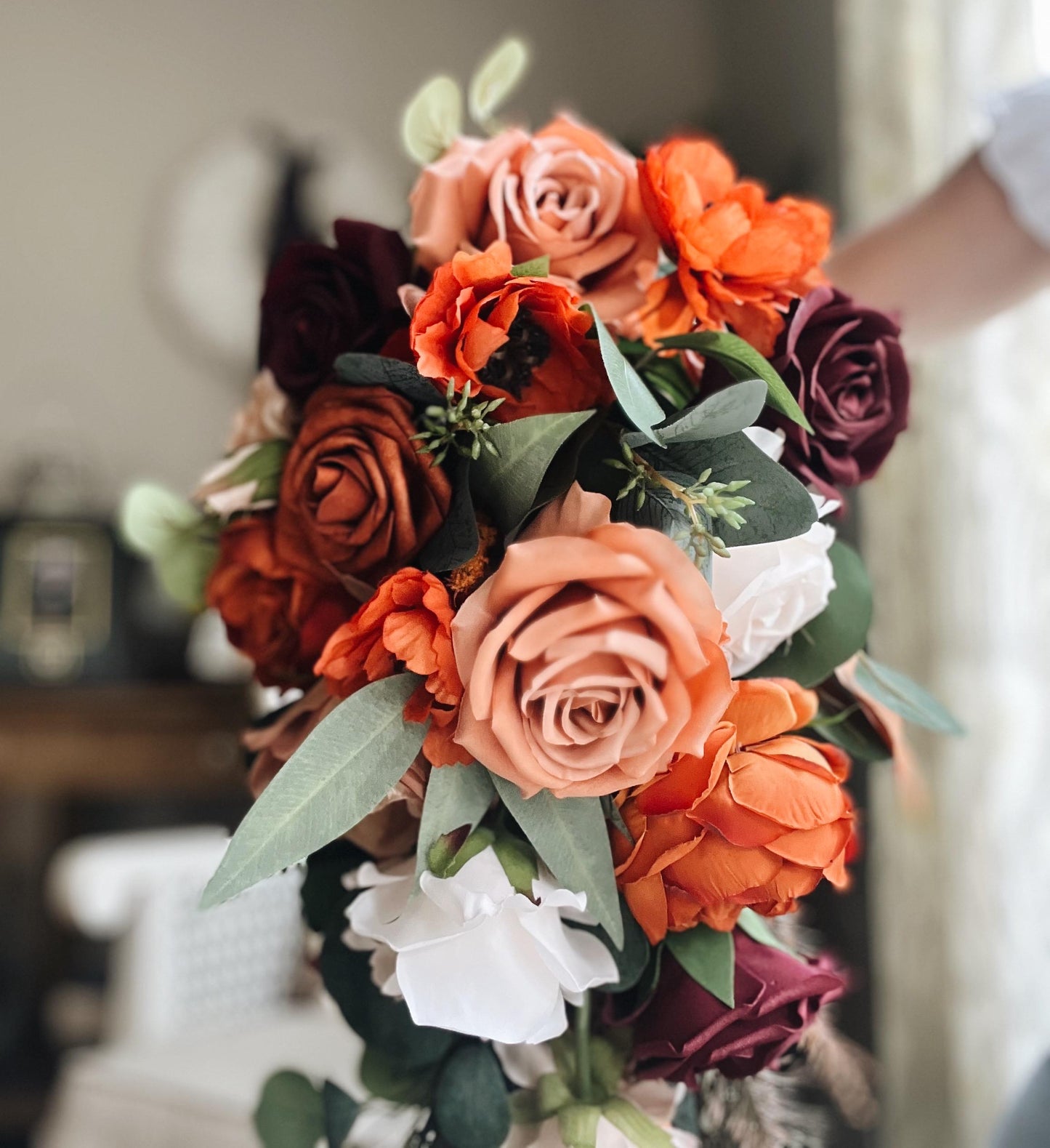 JUST ADDED Fall Late Summer Bridal Bouquet Cascading Flowers for Wedding Burgundy Rust Orange Beige
