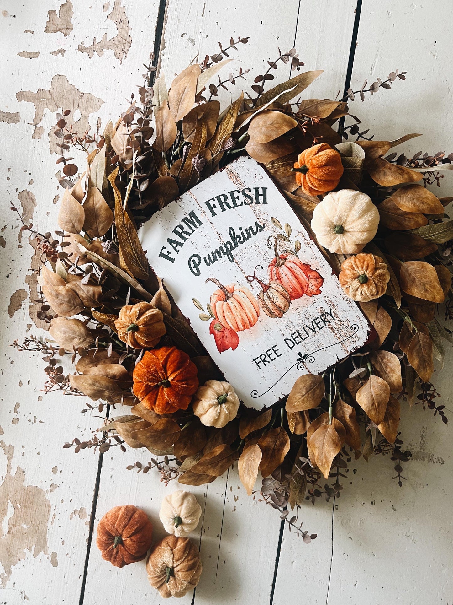 Rustic Velvet Pumpkins Fall Wreath - 26” Autumn Decor with distressed metal Pumpkin Sign