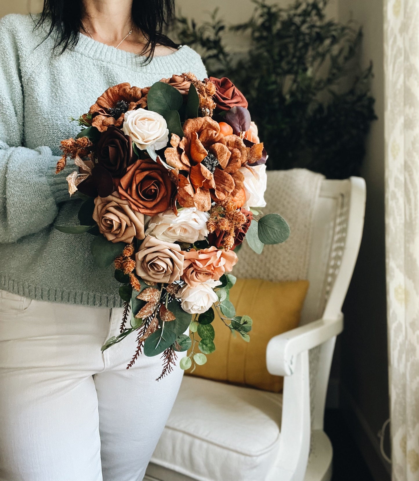 Fall Late Summer Bridal Bouquet Cascading Flowers for Wedding Peach Brown Beige
