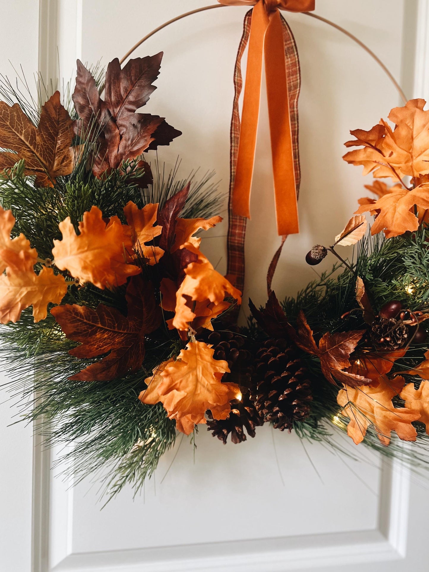 Fall Hoop Wreath Greenery- Leaves- Fall Ribbon and warm lights- Autumn Large Wreath Thanksgiving
