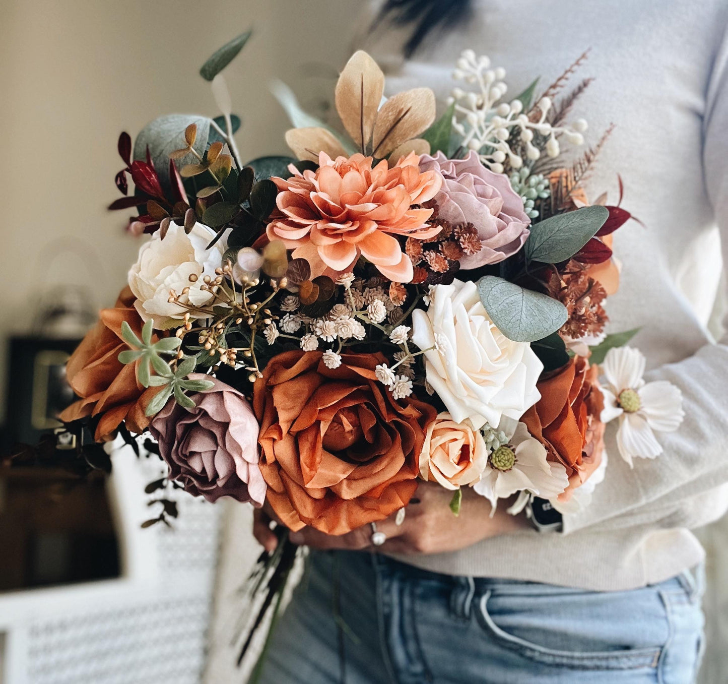 Perfect Lovely Autumn Bouquet - Rustic Peach, Lavender Gardenia, Rust Orange Garden Flowers Fall Wedding