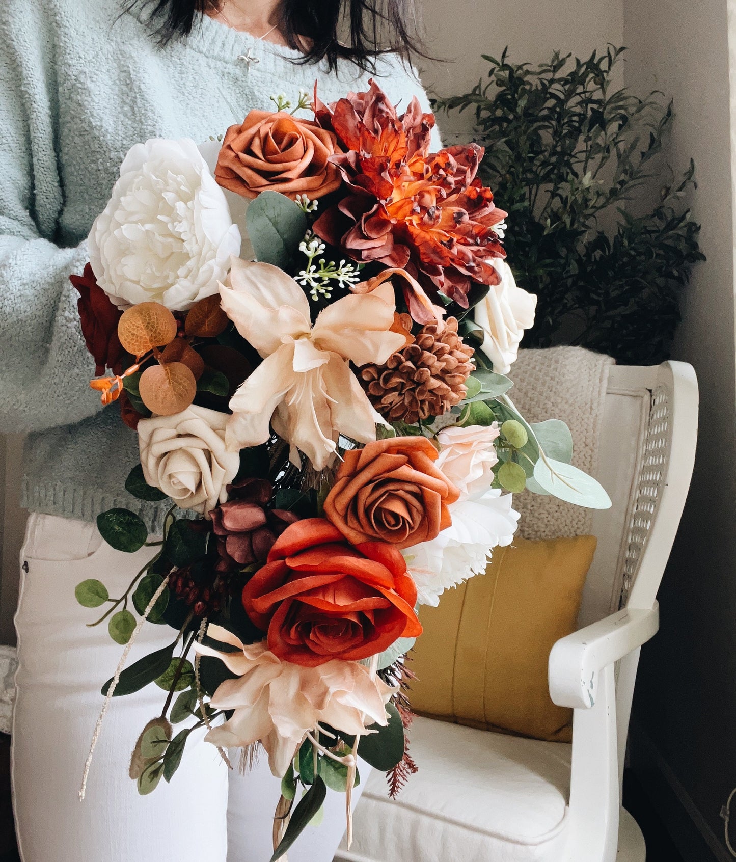 Fall Late Summer Bridal Bouquet Cascading Flowers for Wedding Rust Orange Beige