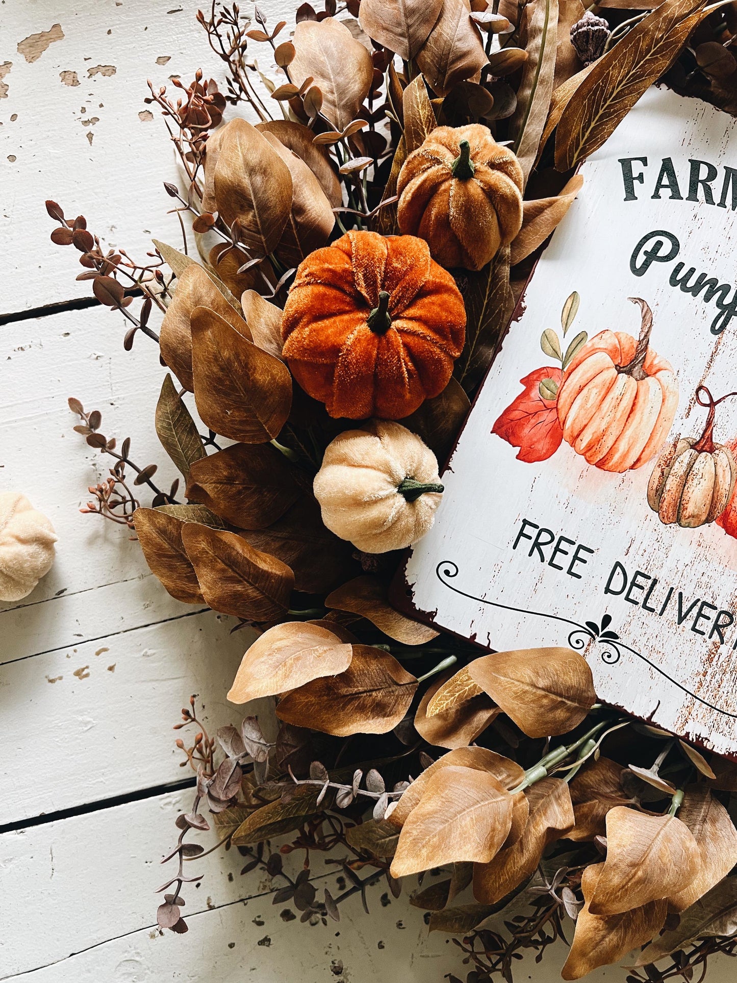 Rustic Velvet Pumpkins Fall Wreath - 26” Autumn Decor with distressed metal Pumpkin Sign