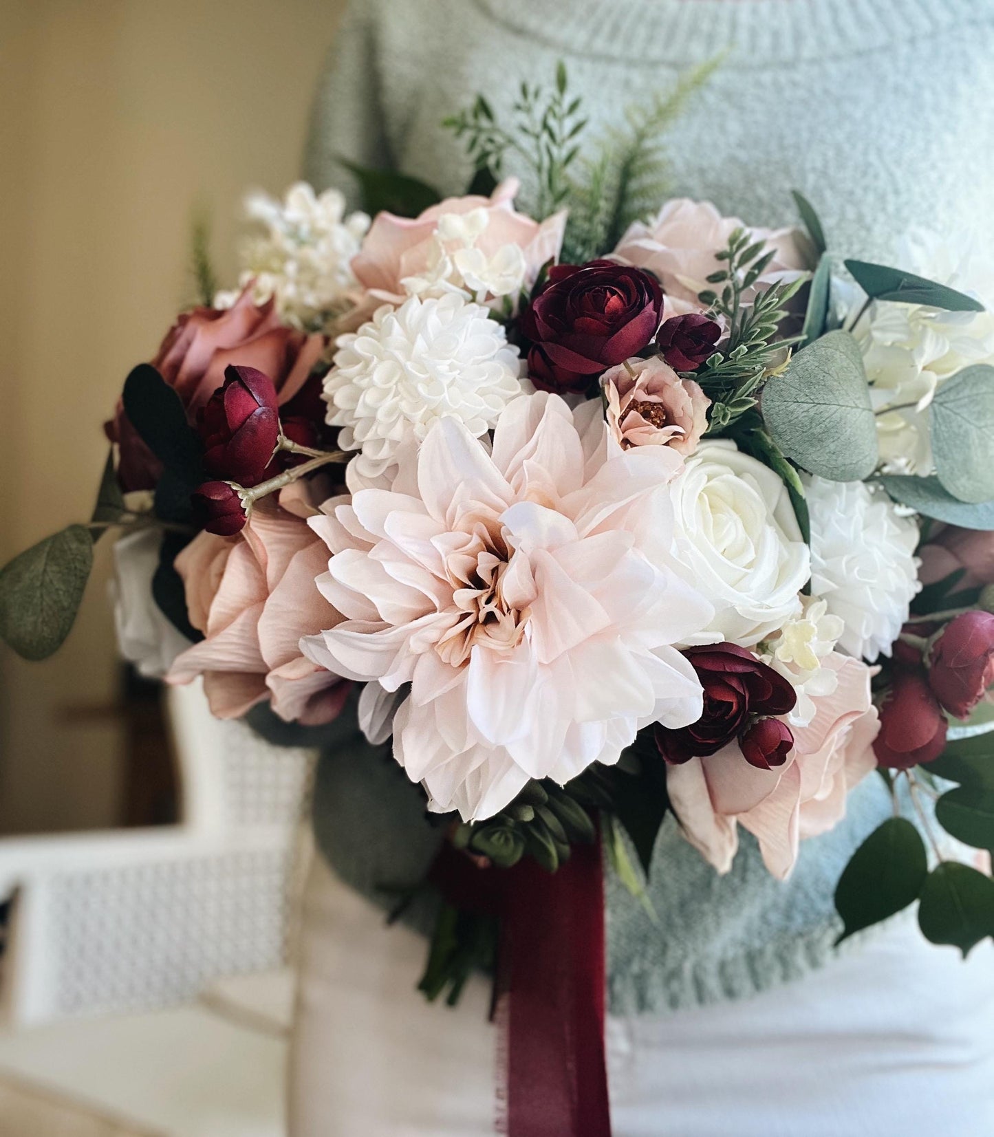 Romantic Blooms: Garden Blush and Burgundy Bridal Bouquet with Roses, Dahlias, and Succulent Accents English Garden