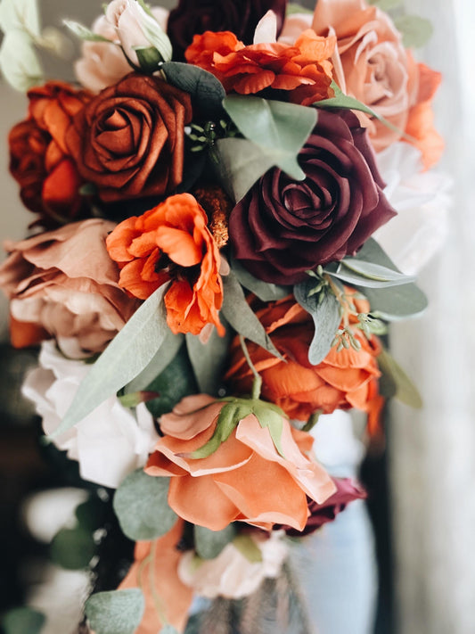 JUST ADDED Fall Late Summer Bridal Bouquet Cascading Flowers for Wedding Burgundy Rust Orange Beige
