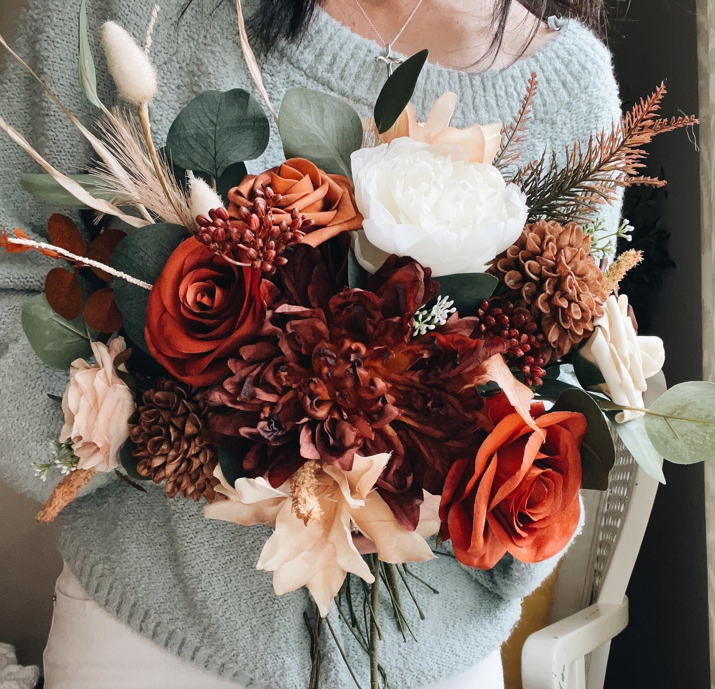 Fall Late Summer Bridal Bouquet Cascading Flowers for Wedding Rust Orange Beige