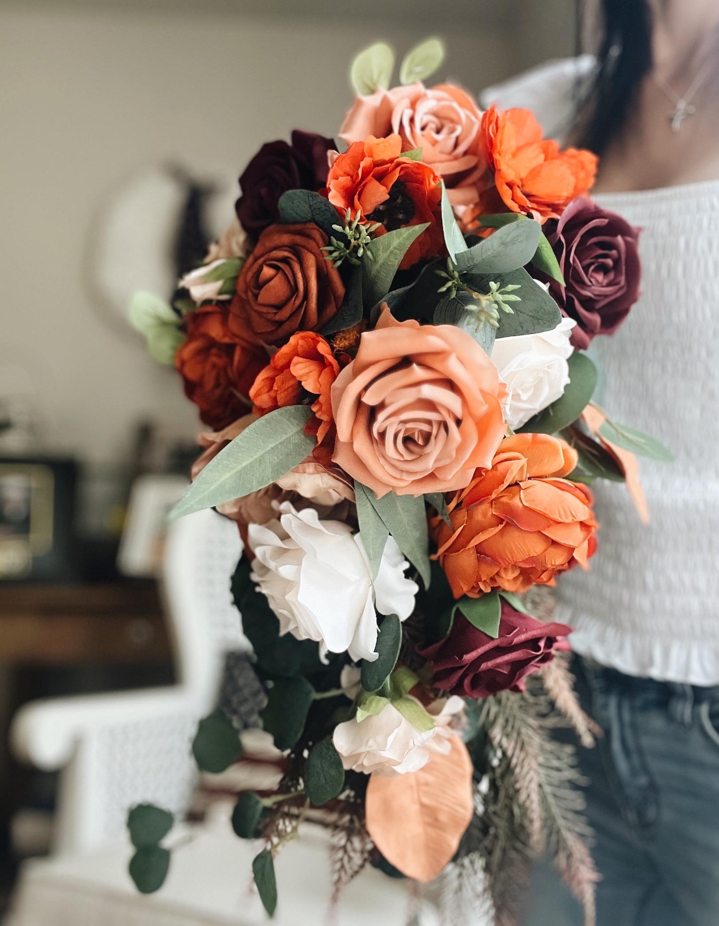 JUST ADDED Fall Late Summer Bridal Bouquet Cascading Flowers for Wedding Burgundy Rust Orange Beige