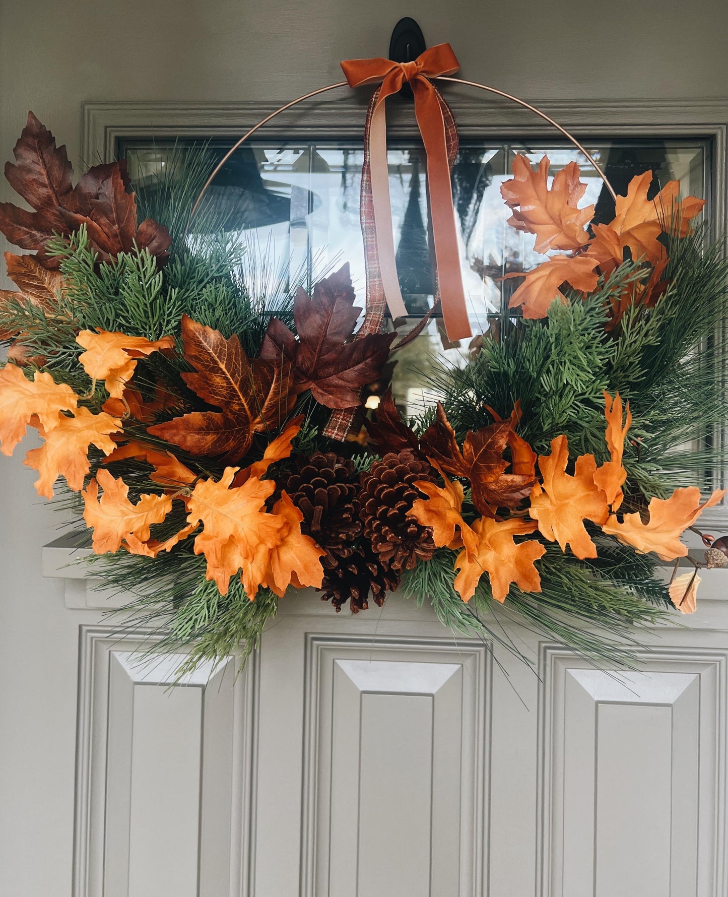 Fall Hoop Wreath Greenery- Leaves- Fall Ribbon and warm lights- Autumn Large Wreath Thanksgiving