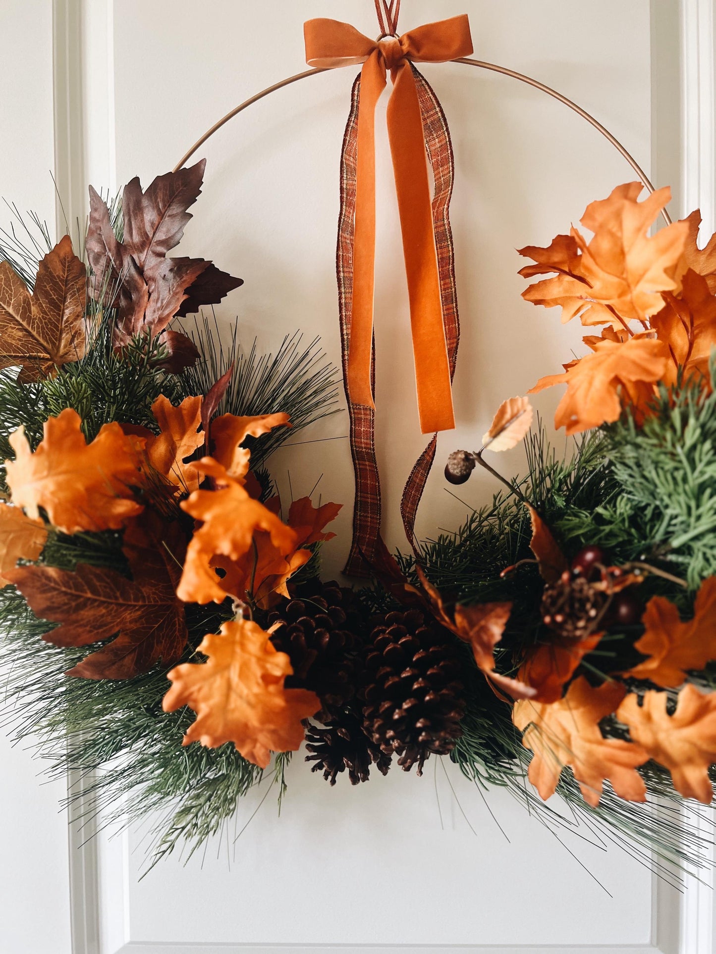 Fall Hoop Wreath Greenery- Leaves- Fall Ribbon and warm lights- Autumn Large Wreath Thanksgiving