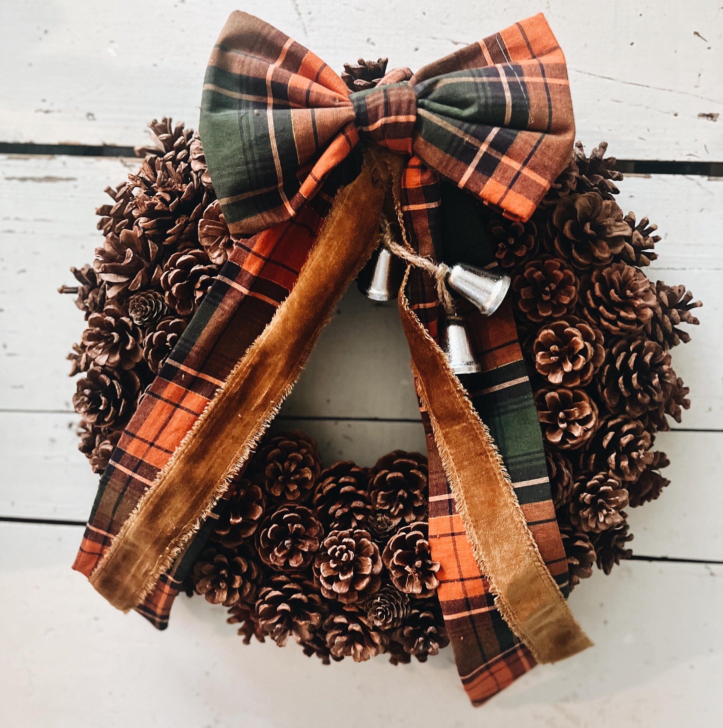 Pinecone Wreath with Thanksgiving Bow and Bells Fall Colors Velvet