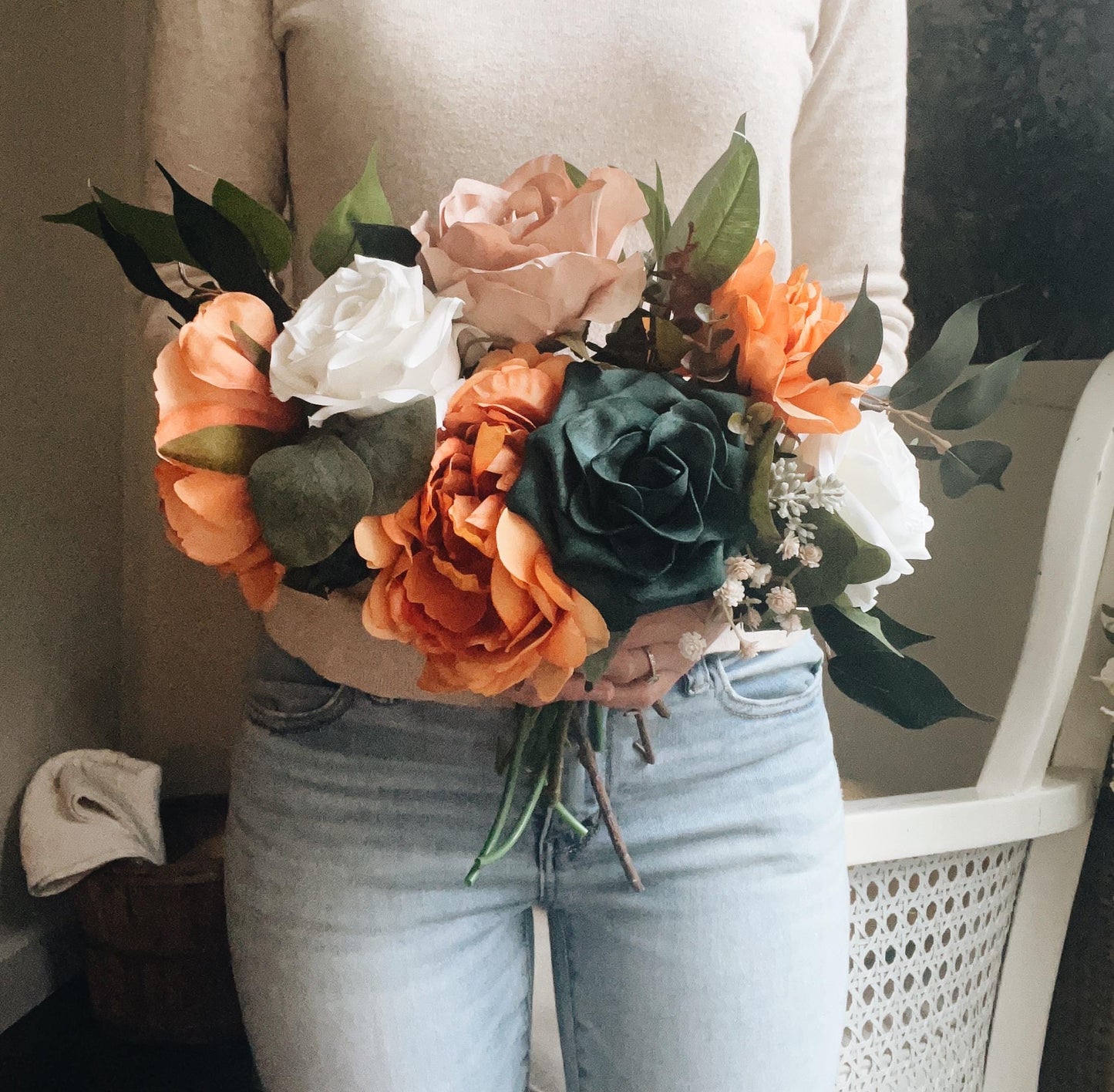 Large Cascade Bridal Bouquet Fall Autumn Summer Terracotta Orange Rust Sage Emerald Green Blush Garden