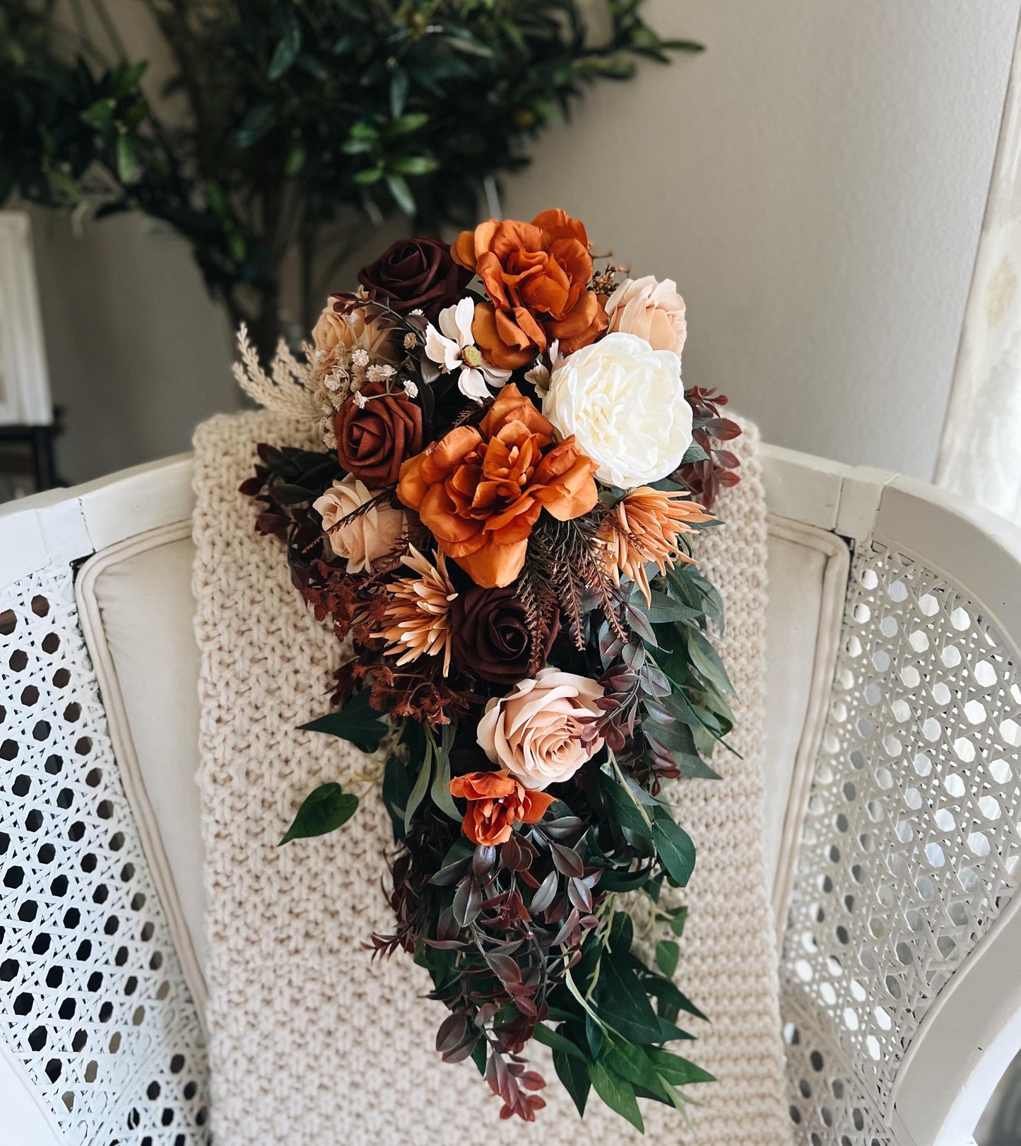 Stunning Large Cascading Autumn Bouquet - Rustic Peach, Burgundy, Rust Orange Garden Flowers Fall Wedding