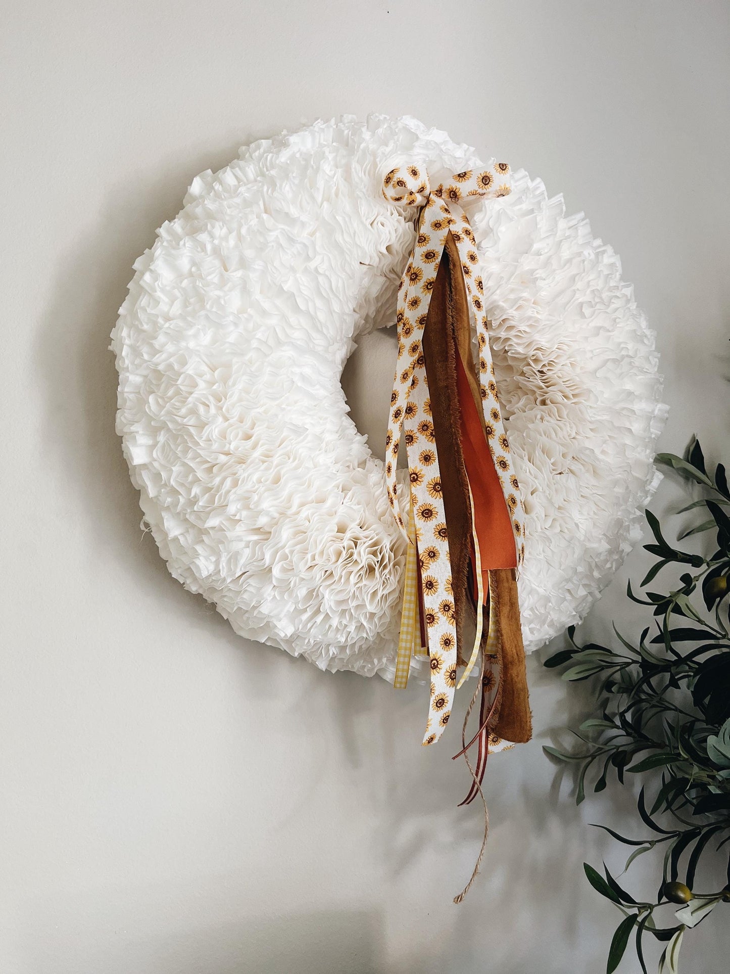 Elegant Large White Coffee Filter Wreath- Fall Sunflower Ribbon Set Bundle Autum Ribbon-