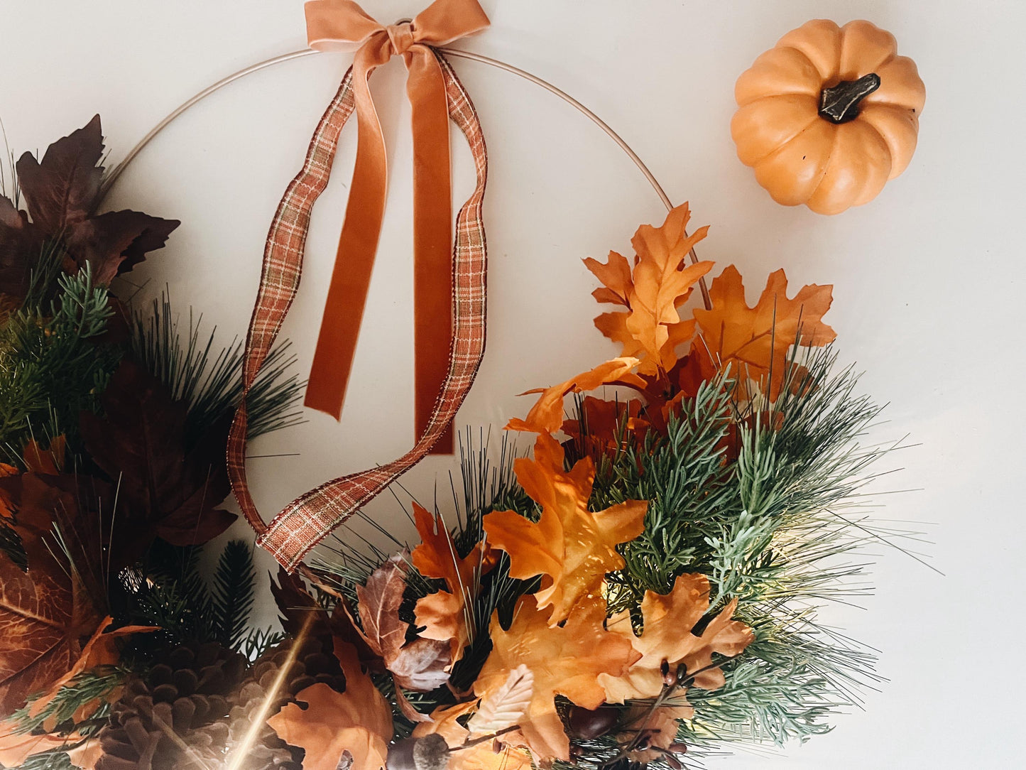 Fall Hoop Wreath Greenery- Leaves- Fall Ribbon and warm lights- Autumn Large Wreath Thanksgiving