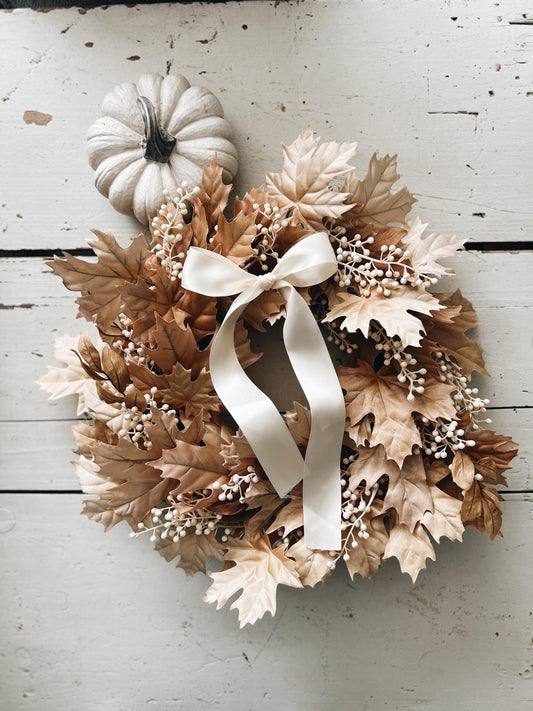 Fall Thanksgiving Wreath Beige Maple Leaves with Cream Berries and Ribbon