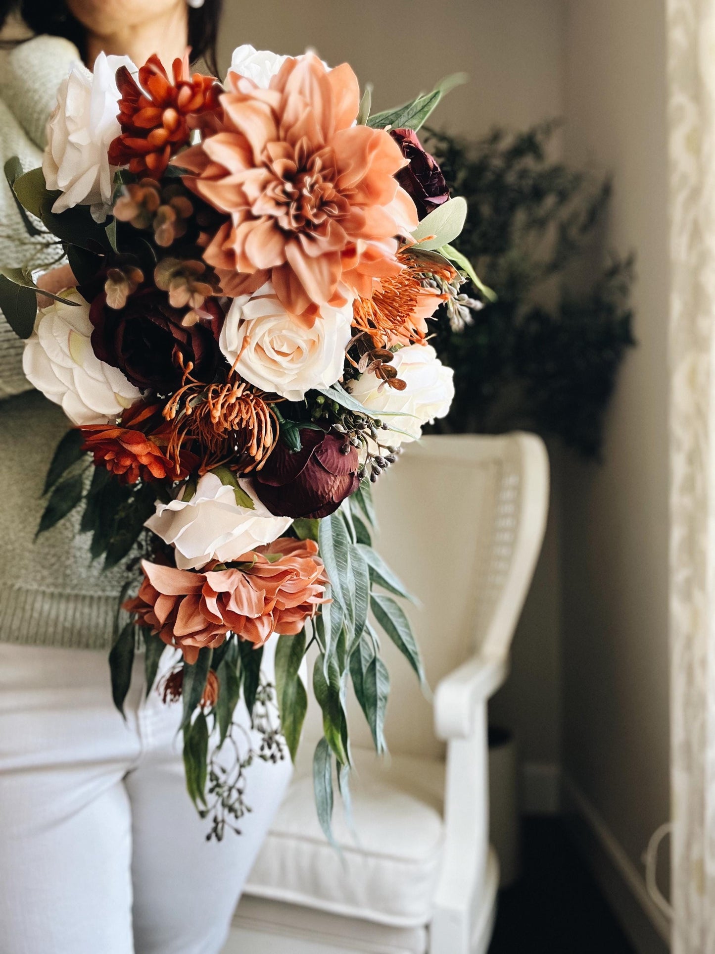 Cascade Bridal Bouquet perfect for Fall Autumn Summer Terracotta Dahlia Peony Rust Sage Burgundy Garden