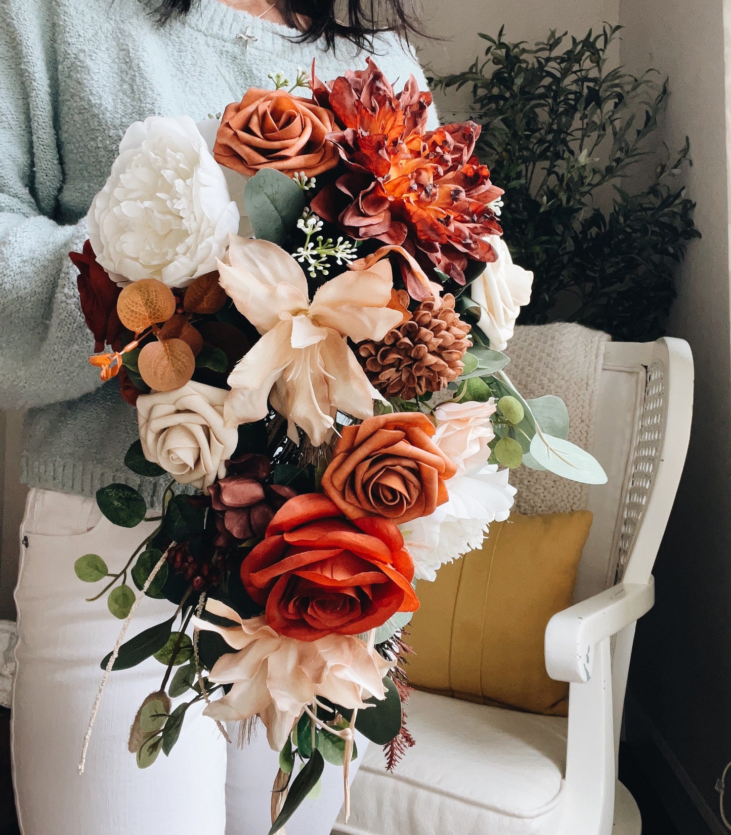 Fall Late Summer Bridal Bouquet Cascading Flowers for Wedding Rust Orange Beige