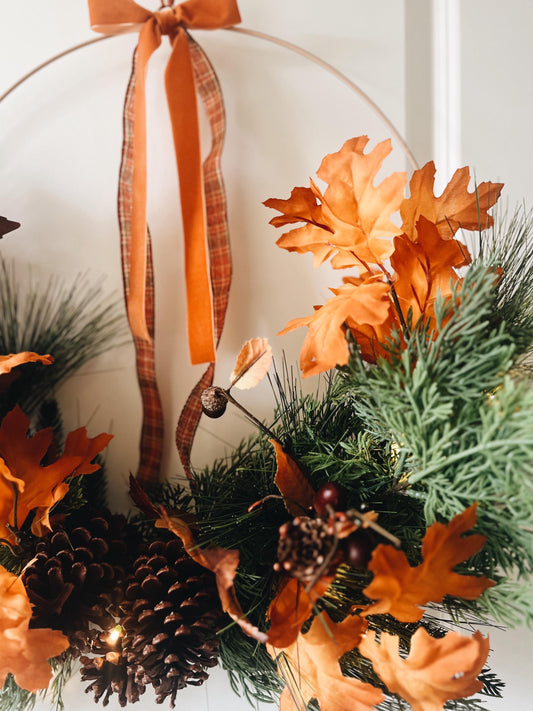 Fall Hoop Wreath Greenery- Leaves- Fall Ribbon and warm lights- Autumn Large Wreath Thanksgiving