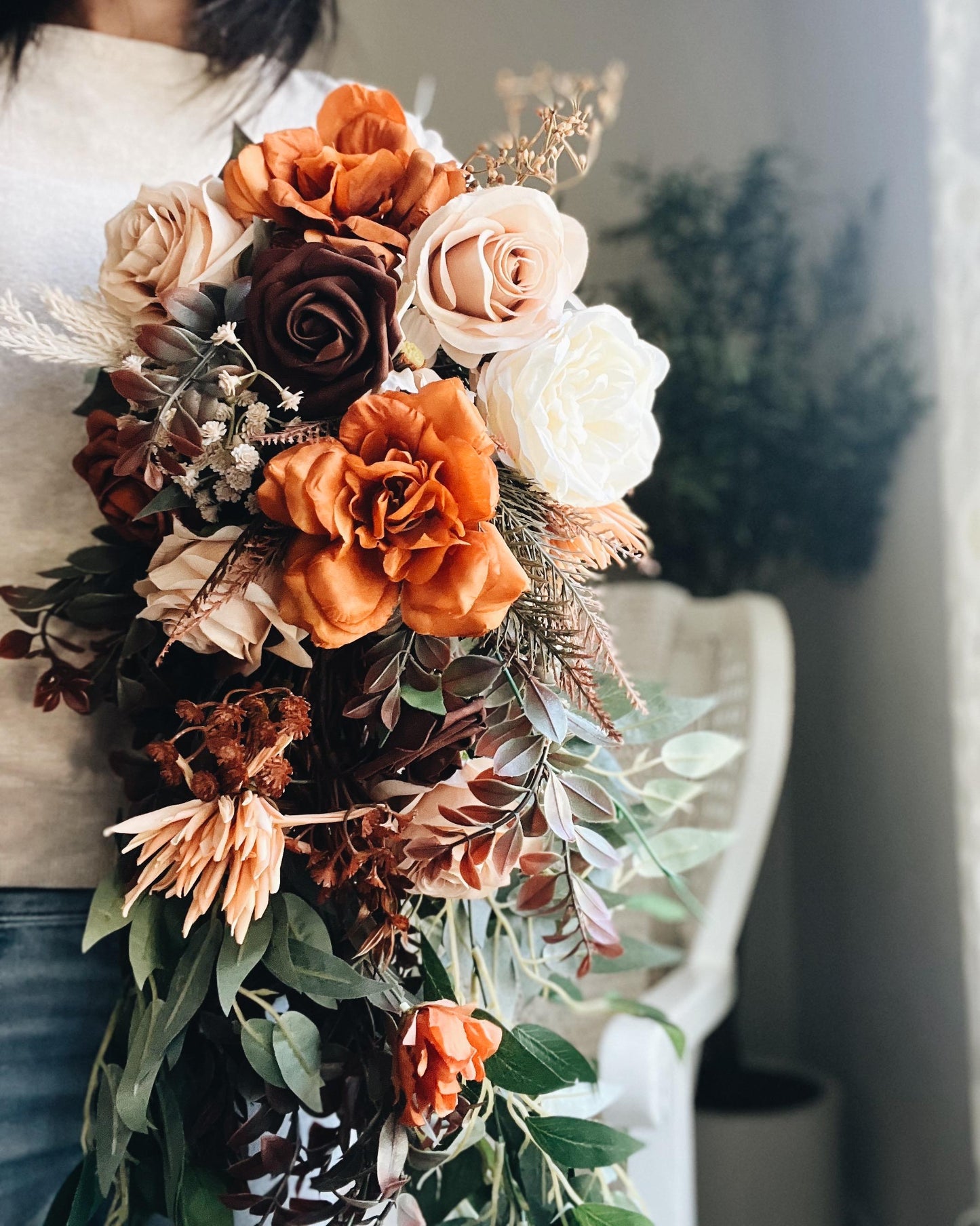 Stunning Large Cascading Autumn Bouquet - Rustic Peach, Burgundy, Rust Orange Garden Flowers Fall Wedding