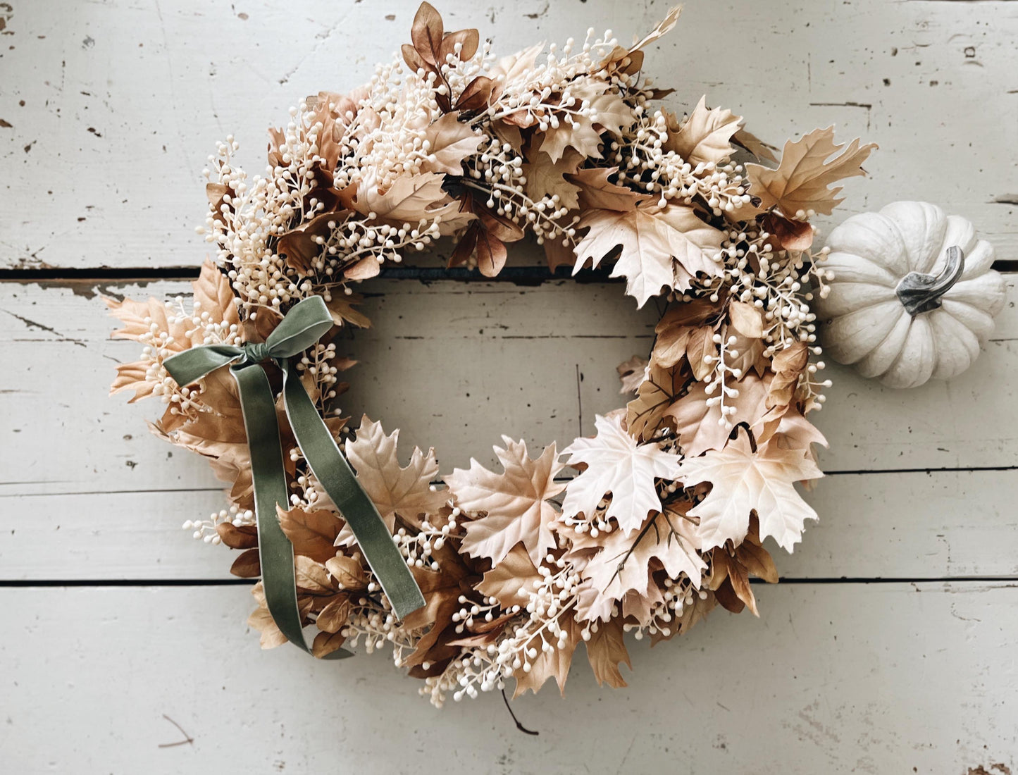Fall Thanksgiving Wreath Beige Maple Leaves with Cream Berries and Ribbon