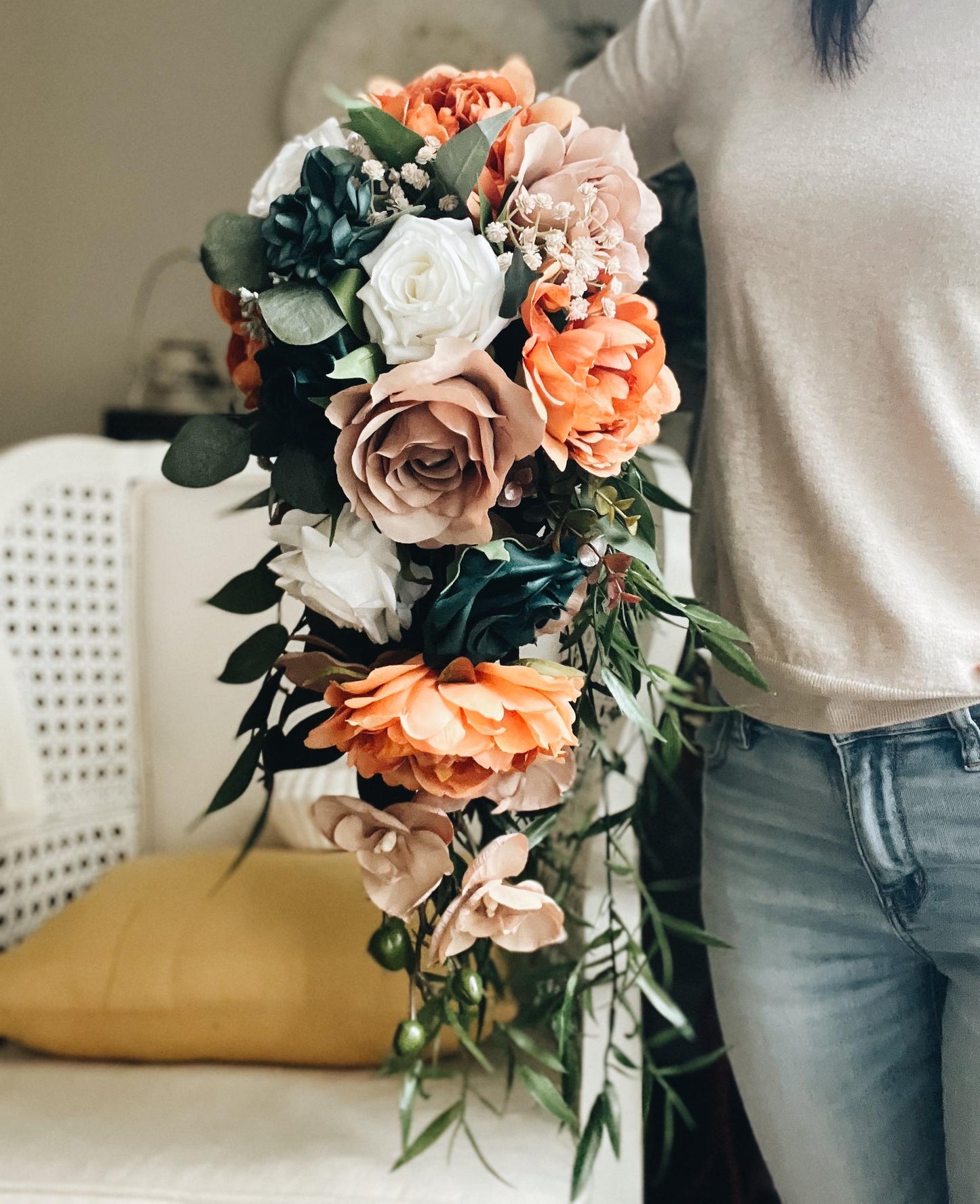 Large Cascade Bridal Bouquet Fall Autumn Summer Terracotta Orange Rust Sage Emerald Green Blush Garden