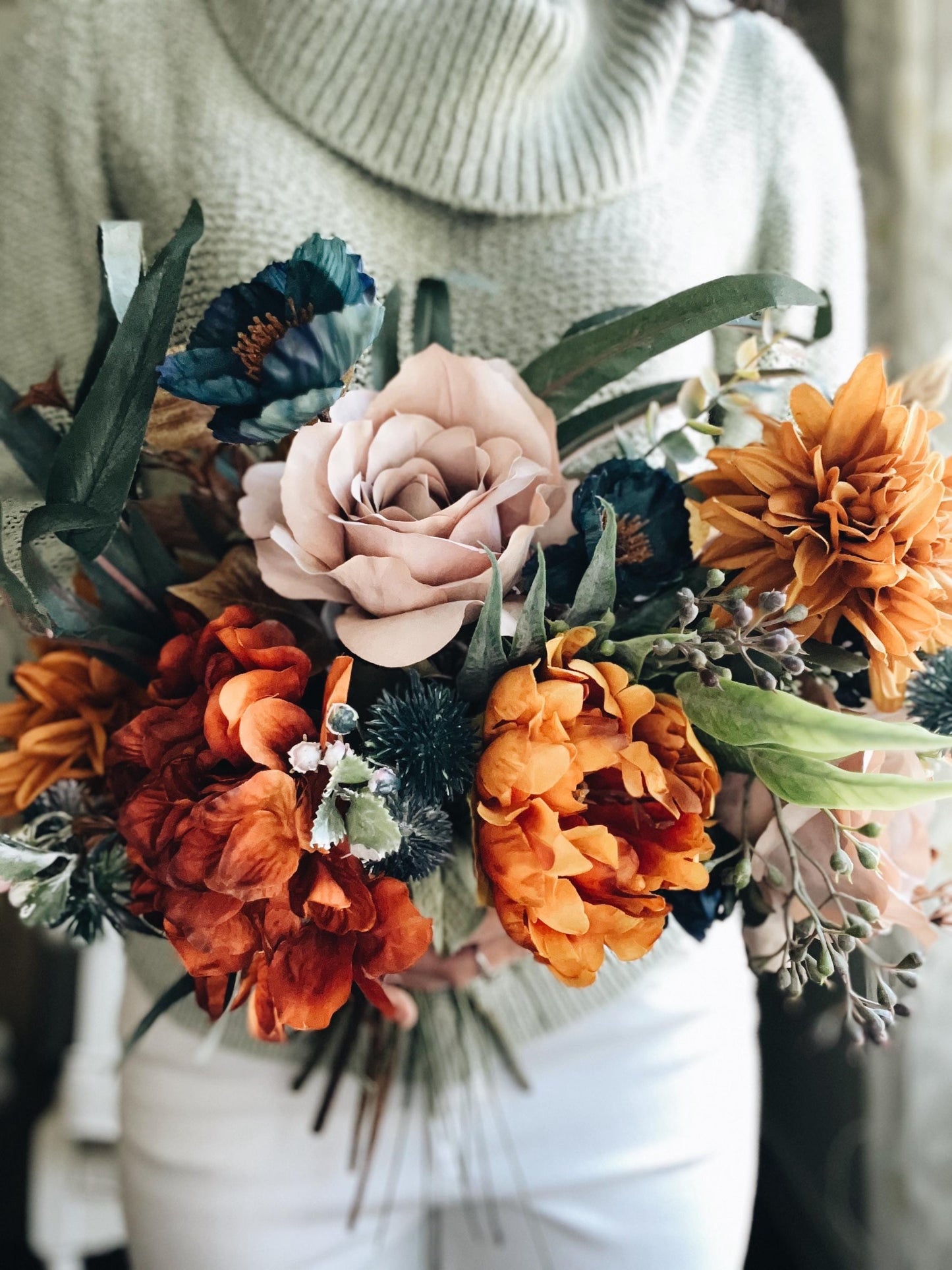 English Bridal Bouquet Fall Autumn Summer Terracotta Orange Rust Sage Garden Tuquoise