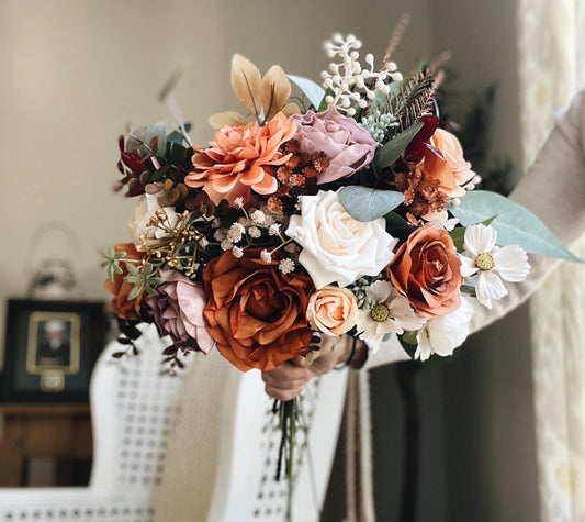 Perfect Lovely Autumn Bouquet - Rustic Peach, Lavender Gardenia, Rust Orange Garden Flowers Fall Wedding