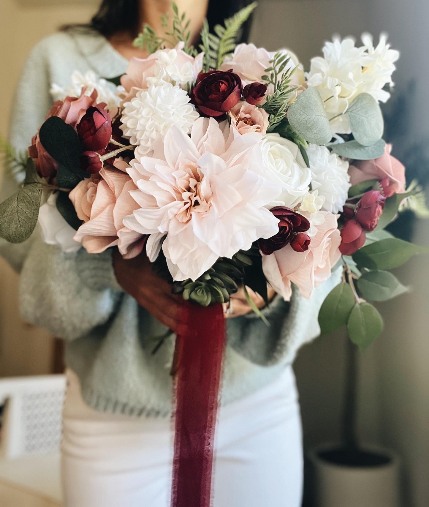 Romantic Blooms: Garden Blush and Burgundy Bridal Bouquet with Roses, Dahlias, and Succulent Accents English Garden