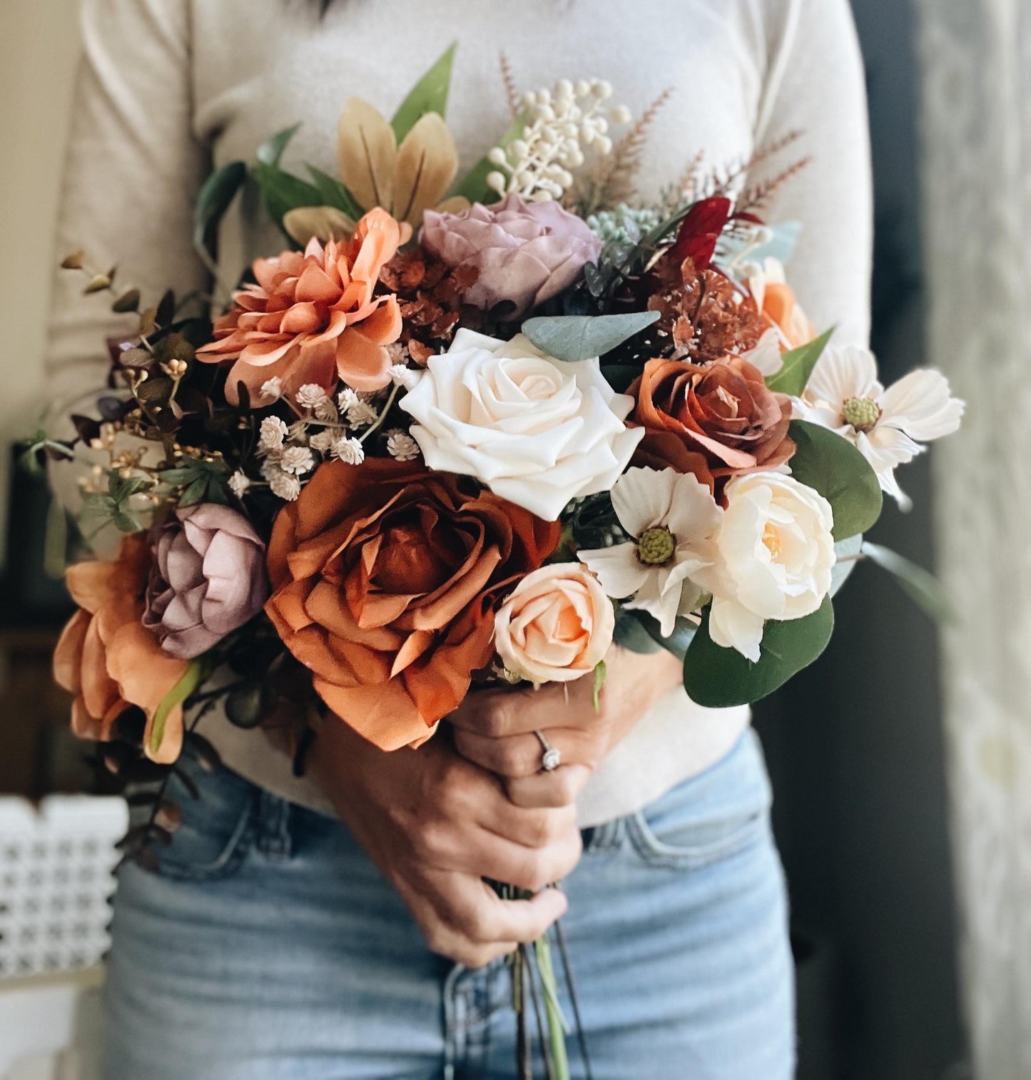 Perfect Lovely Autumn Bouquet - Rustic Peach, Lavender Gardenia, Rust Orange Garden Flowers Fall Wedding