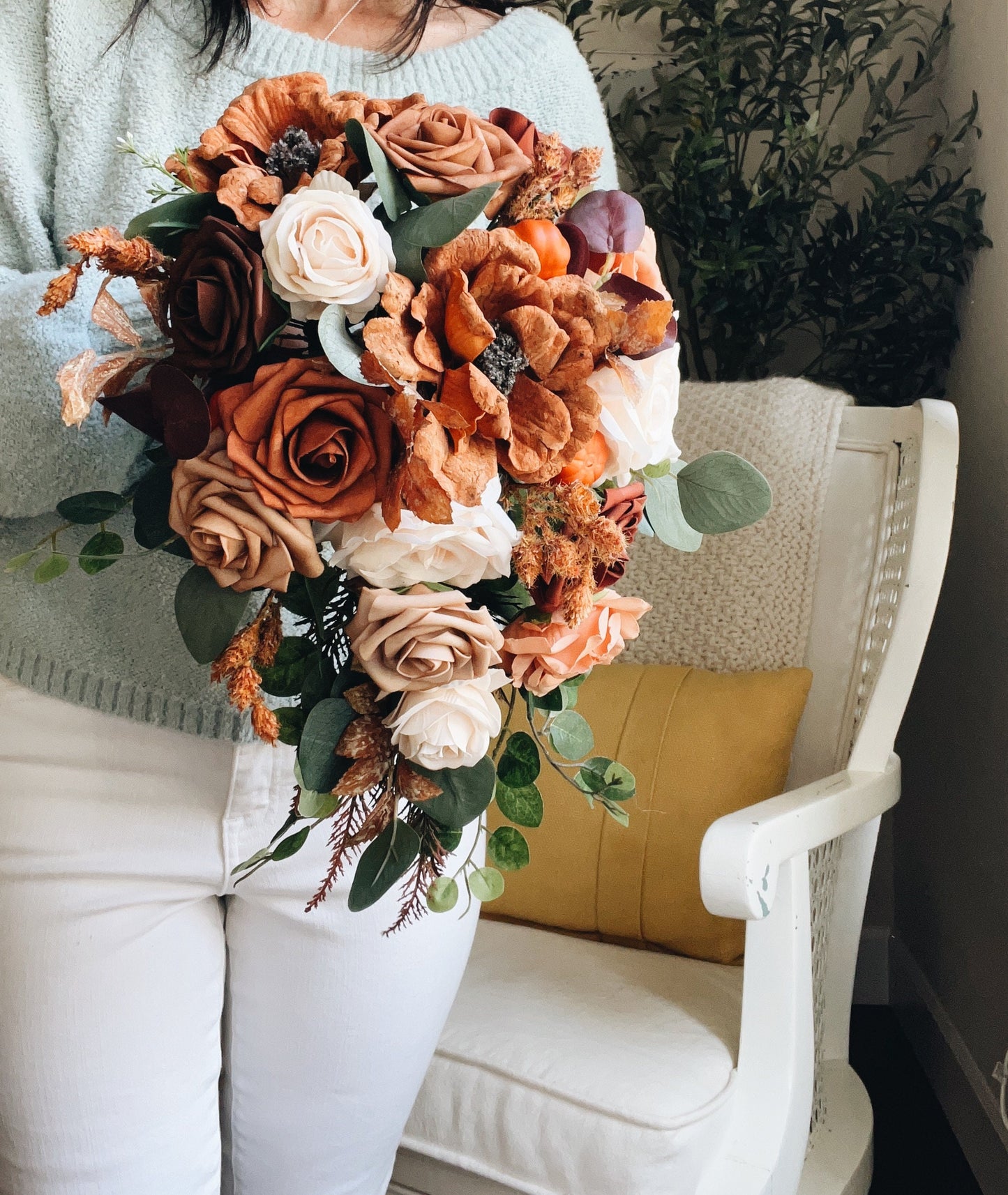 Fall Late Summer Bridal Bouquet Cascading Flowers for Wedding Peach Brown Beige