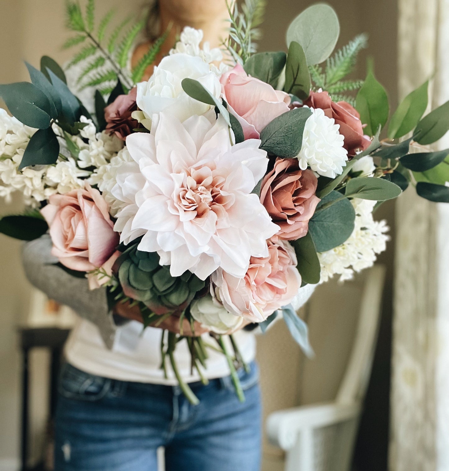 Romantic Blooms: Garden Blush Bridal Bouquet with Roses, Dahlias, and Succulent Accents English Garden