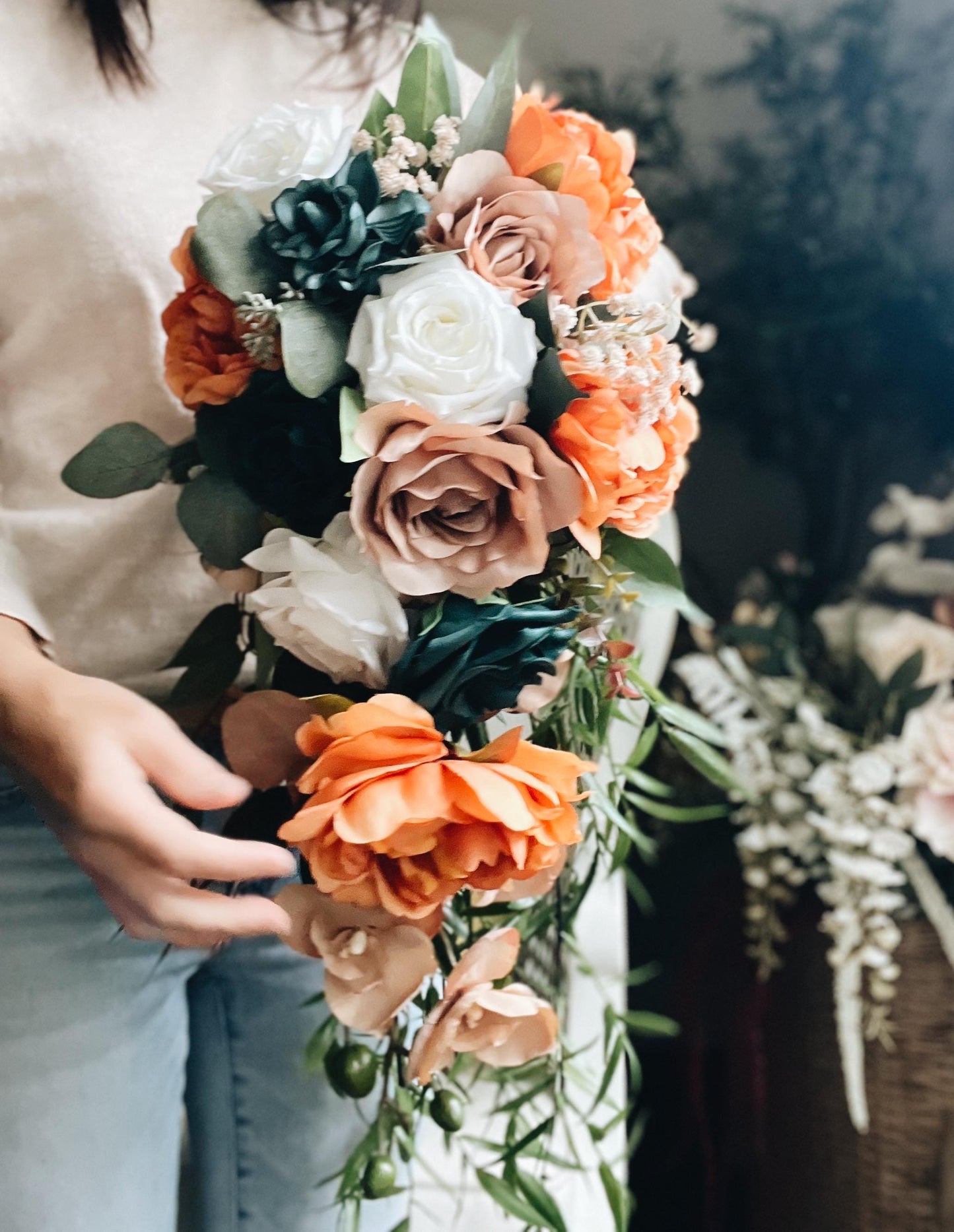 Large Cascade Bridal Bouquet Fall Autumn Summer Terracotta Orange Rust Sage Emerald Green Blush Garden