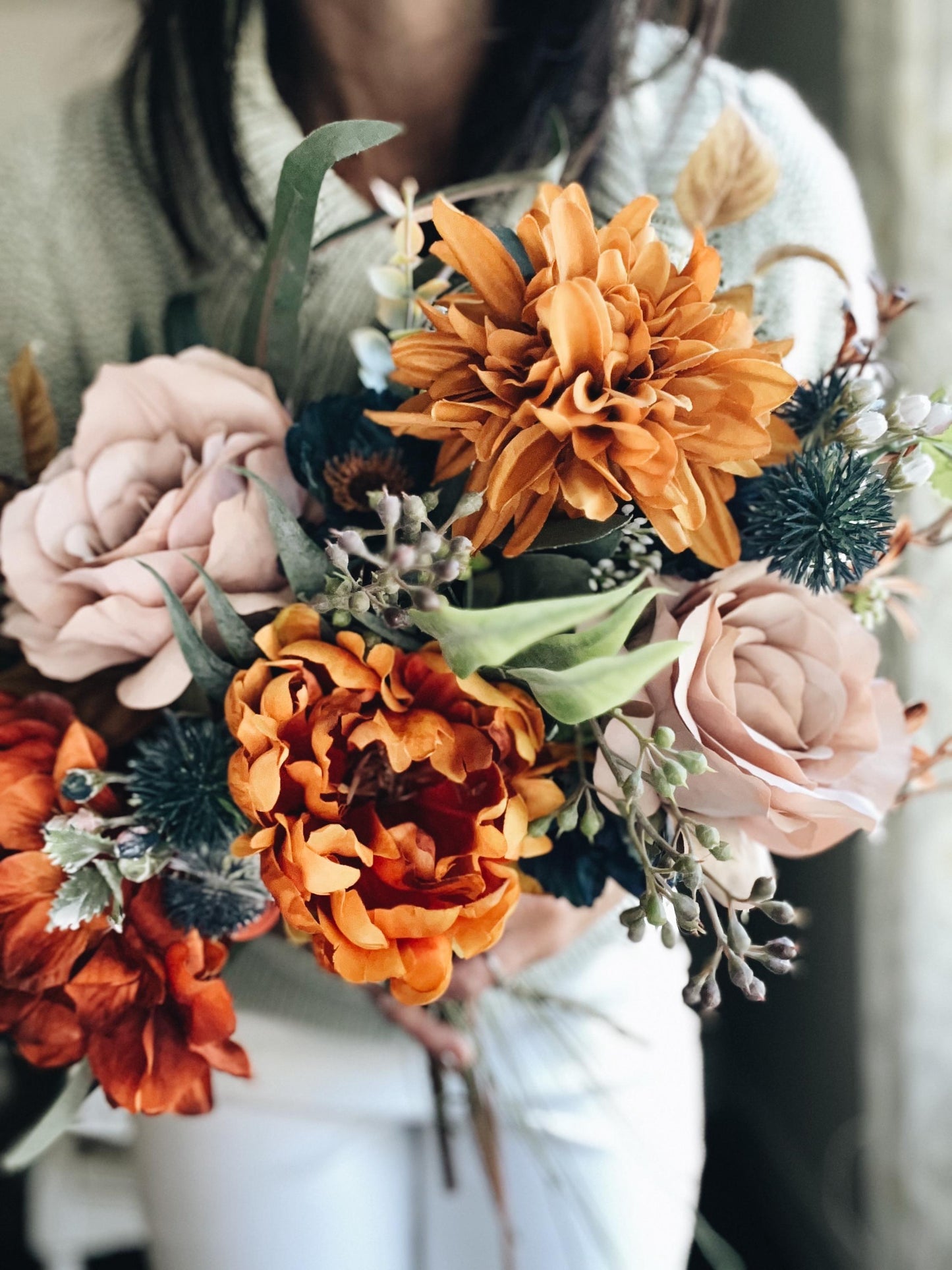 English Bridal Bouquet Fall Autumn Summer Terracotta Orange Rust Sage Garden Tuquoise