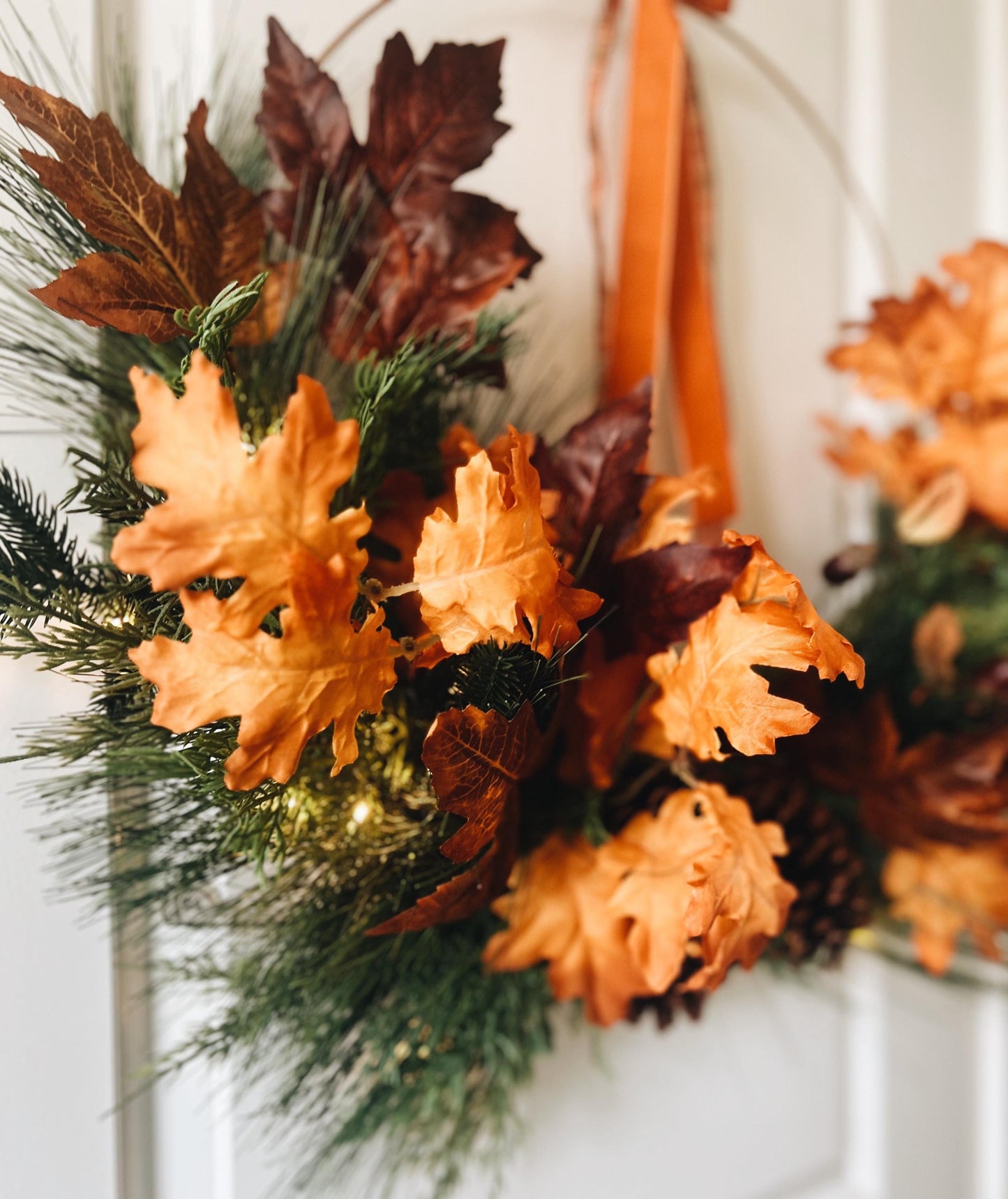 Fall Hoop Wreath Greenery- Leaves- Fall Ribbon and warm lights- Autumn Large Wreath Thanksgiving