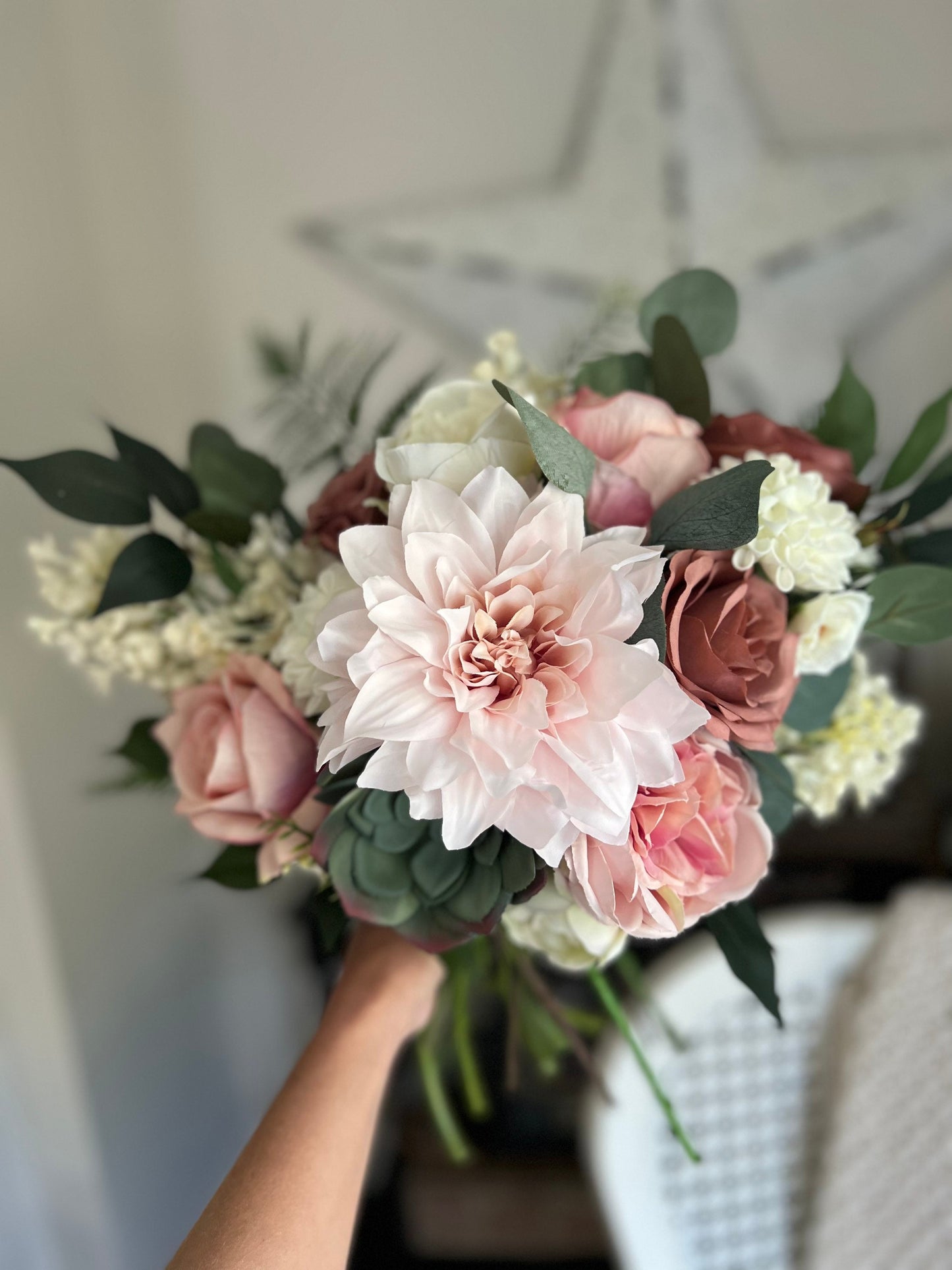 Romantic Blooms: Garden Blush Bridal Bouquet with Roses, Dahlias, and Succulent Accents English Garden