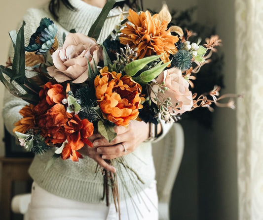 English Bridal Bouquet Fall Autumn Summer Terracotta Orange Rust Sage Garden Tuquoise
