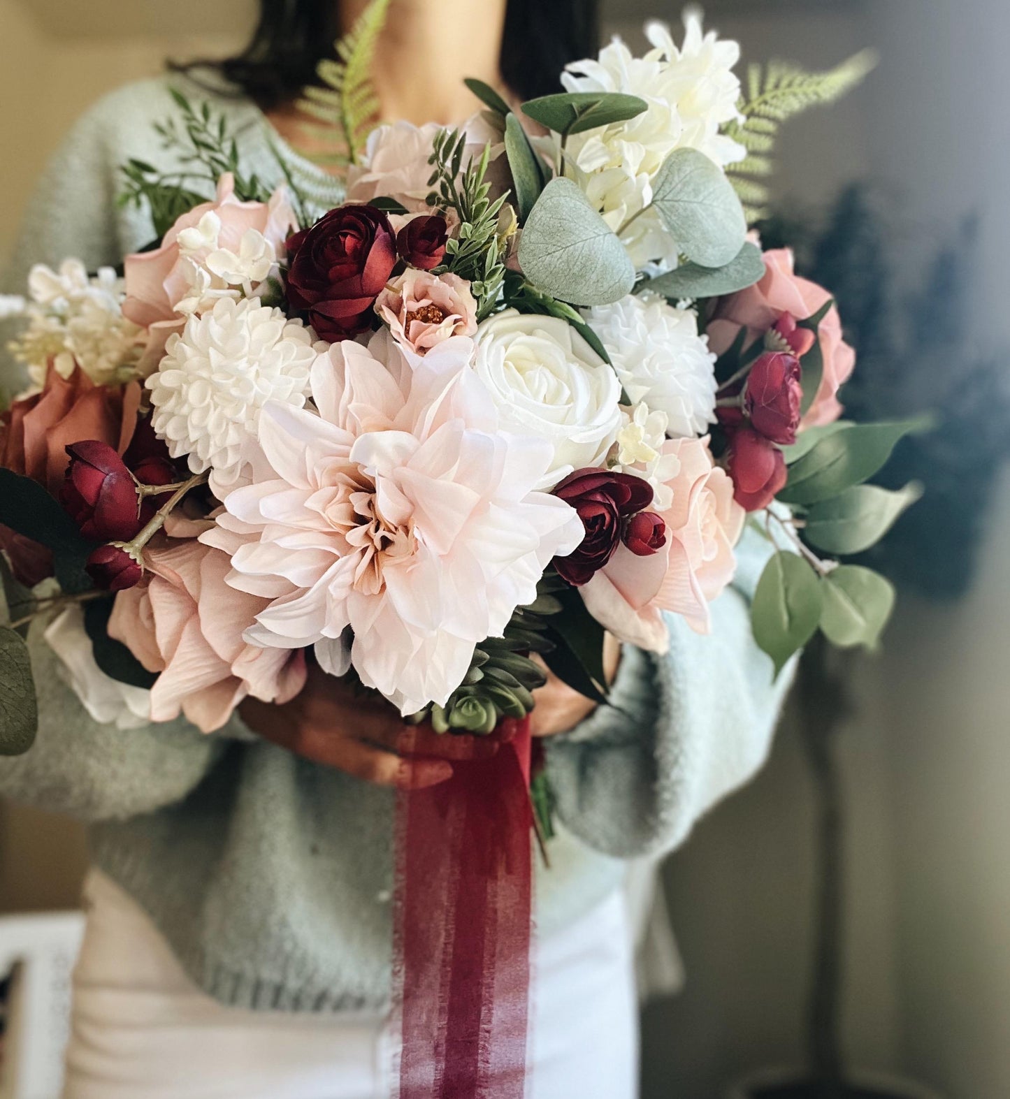 Romantic Blooms: Garden Blush and Burgundy Bridal Bouquet with Roses, Dahlias, and Succulent Accents English Garden
