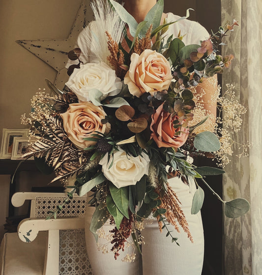 Boho Bridal Bouquet Fall Autumn Summer Loose Natural Flowing Dust Rose Ivory