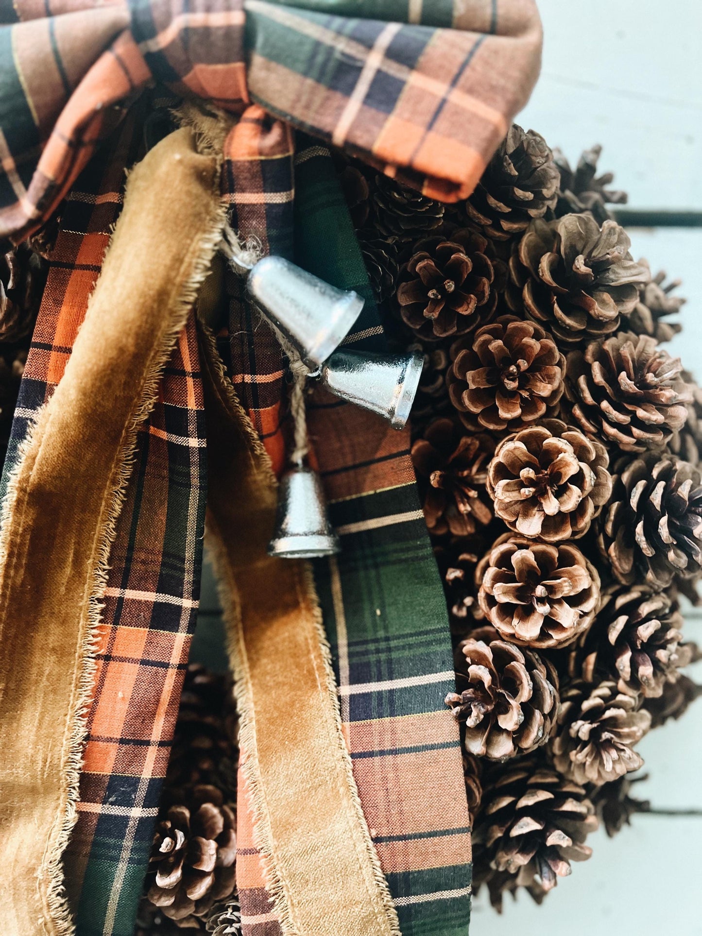 Pinecone Wreath with Thanksgiving Bow and Bells Fall Colors Velvet