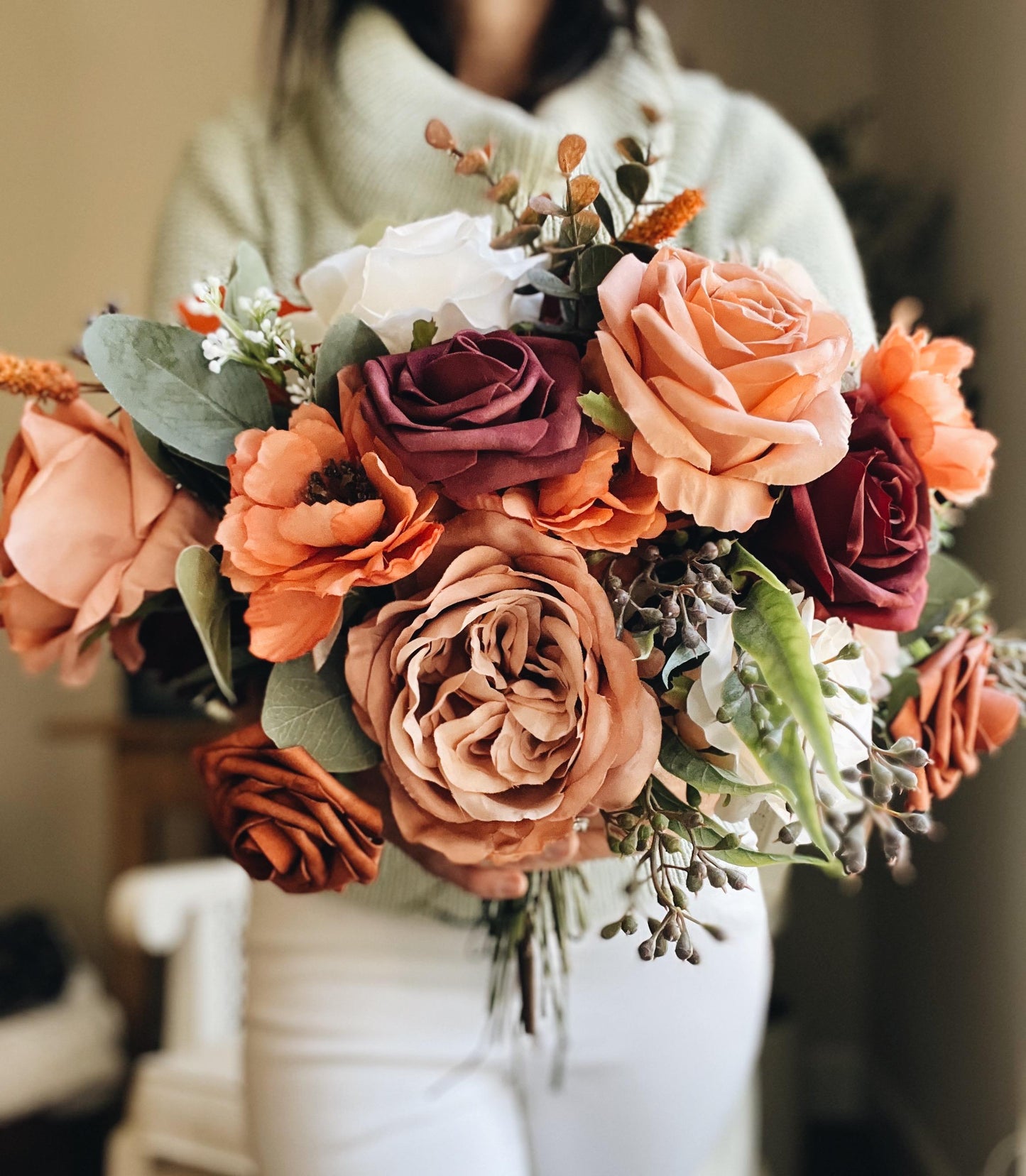 English Bridal Bouquet Fall Autumn Summer Terracotta Orange Blush Brown Garden Cream